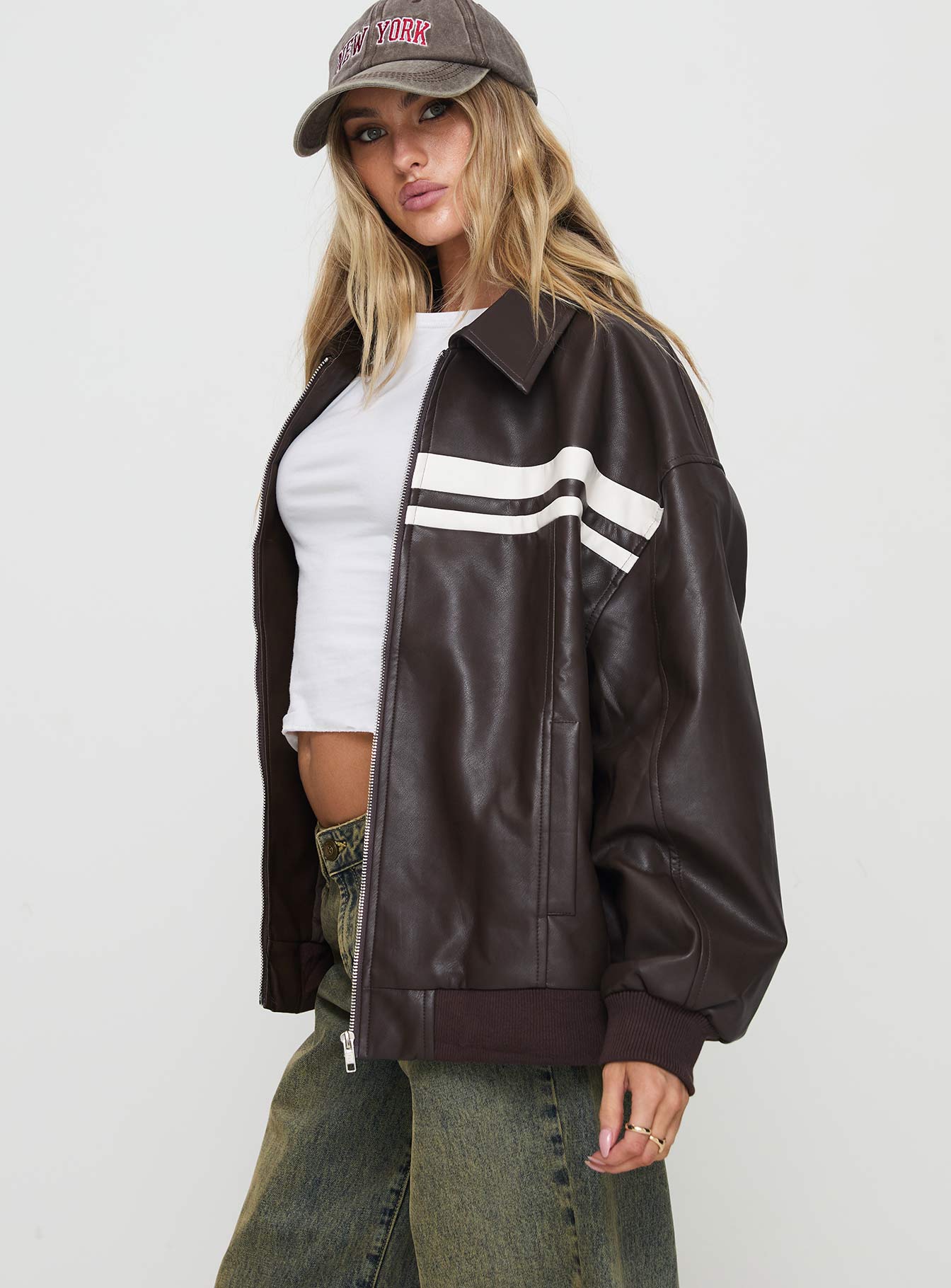 Goldsmith Faux Leather Bomber Jacket Chocolate / White - Image 4