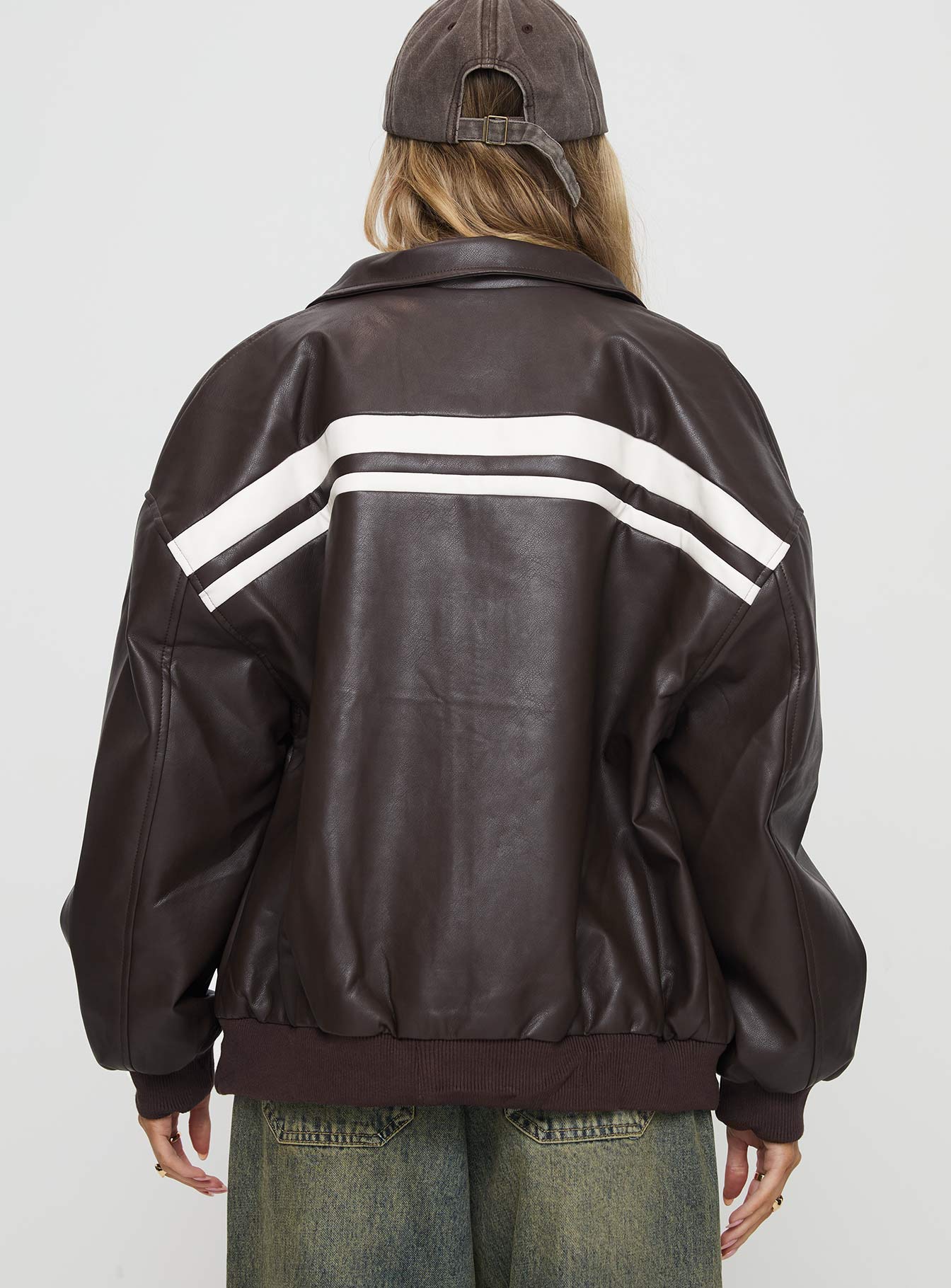 Goldsmith Faux Leather Bomber Jacket Chocolate / White - Image 5