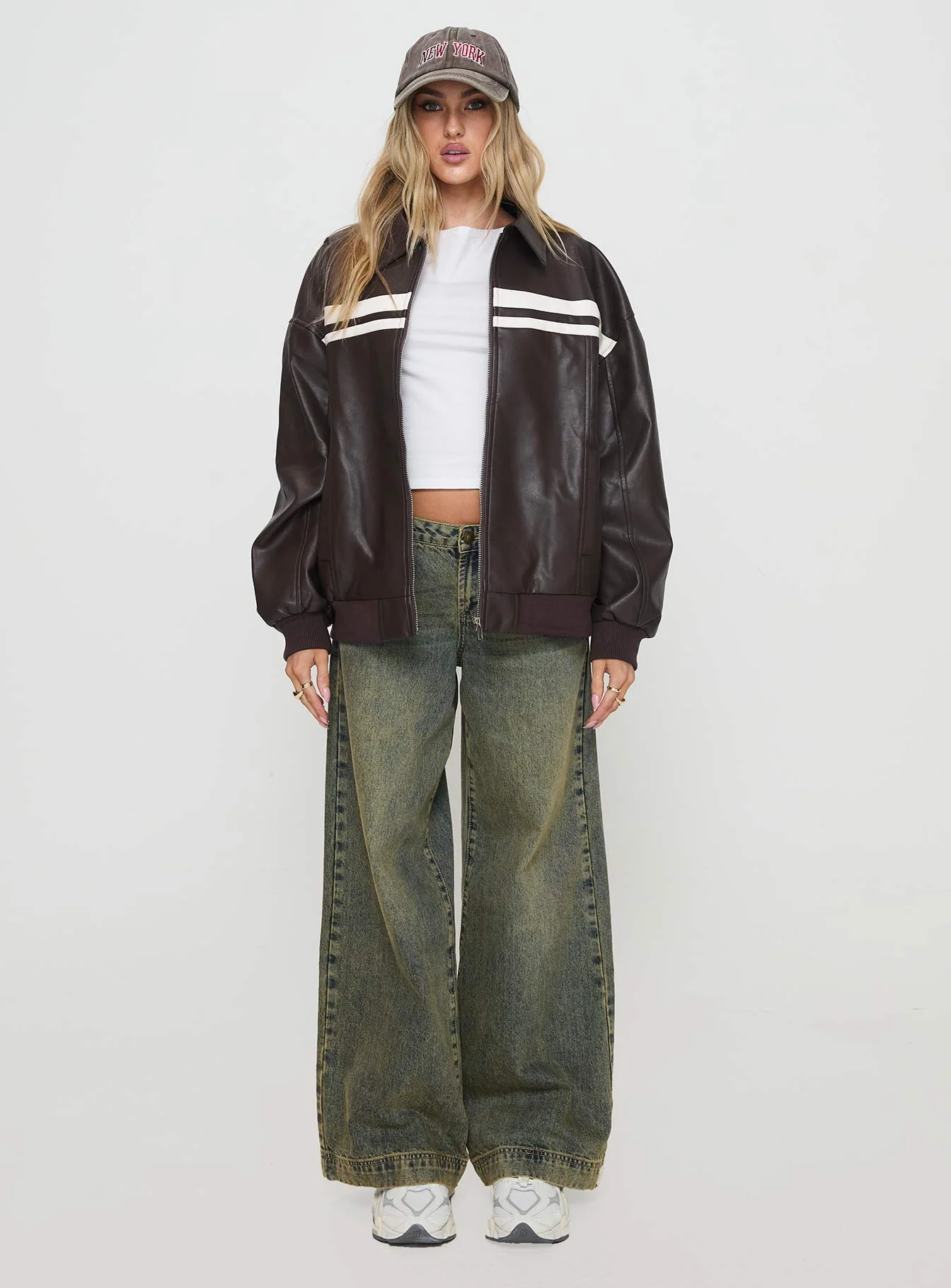 Goldsmith Faux Leather Bomber Jacket Chocolate / White - Image 7