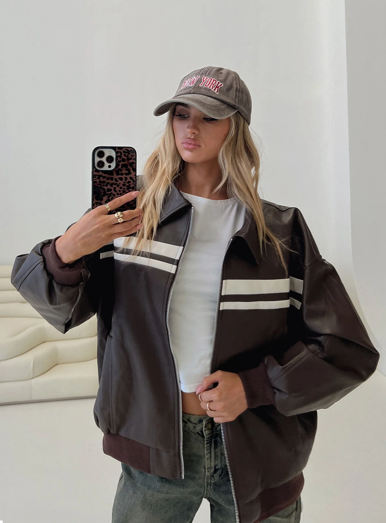 Goldsmith Faux Leather Bomber Jacket Chocolate / White - Image 8