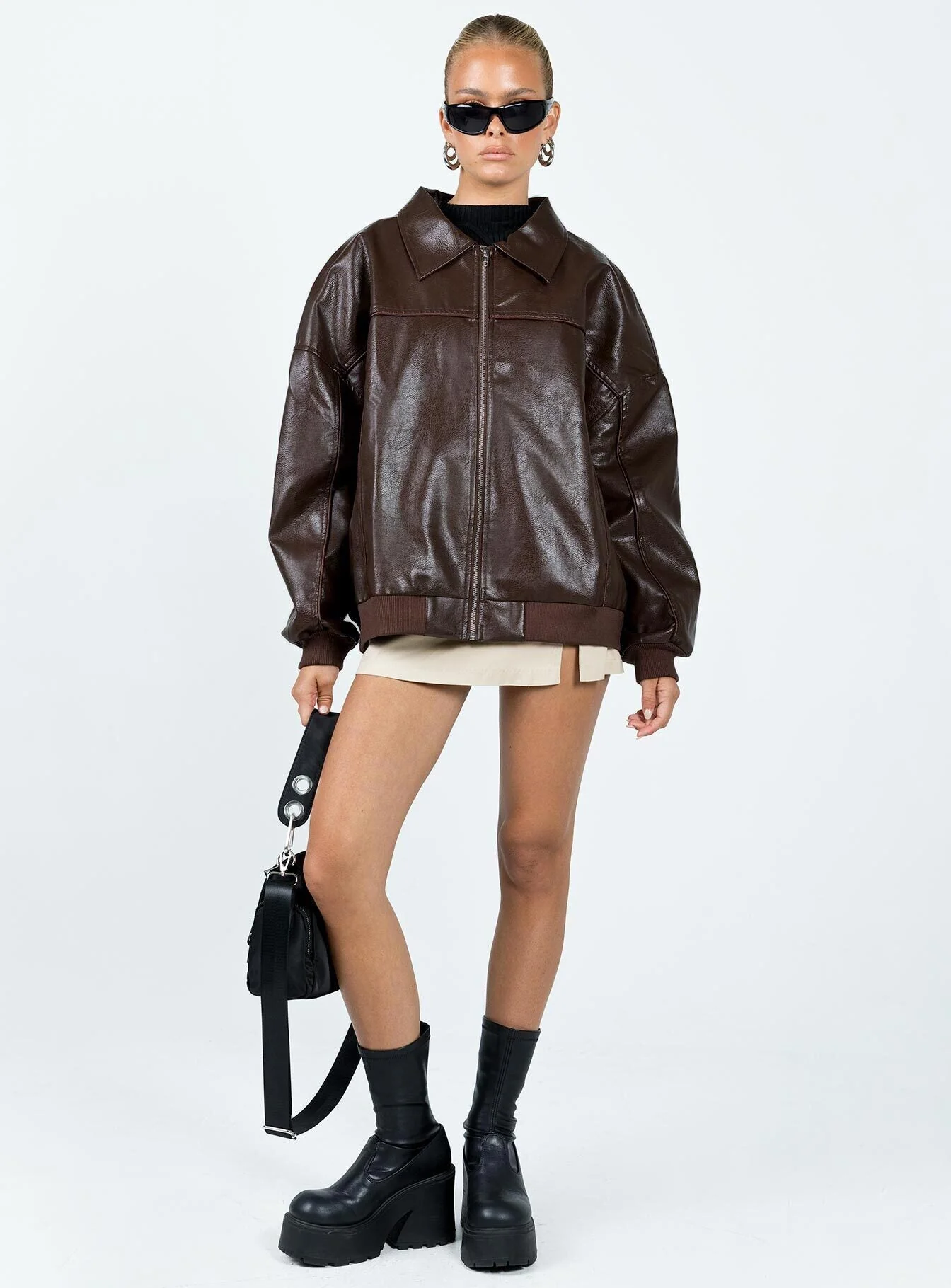 Goldsmith Faux Leather Bomber Jacket Brown - Image 3