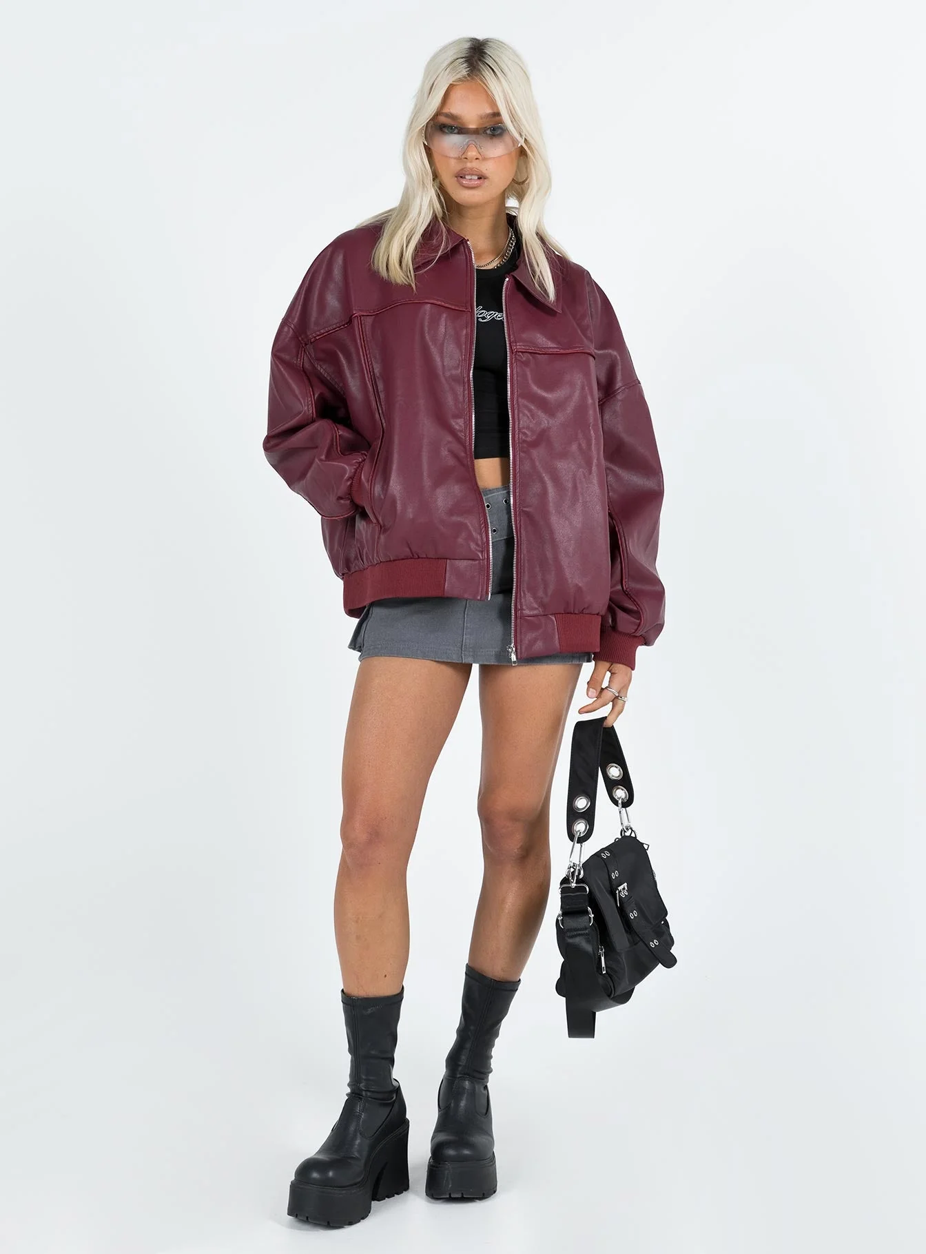 Goldsmith Faux Leather Bomber Jacket Burgundy - Image 3