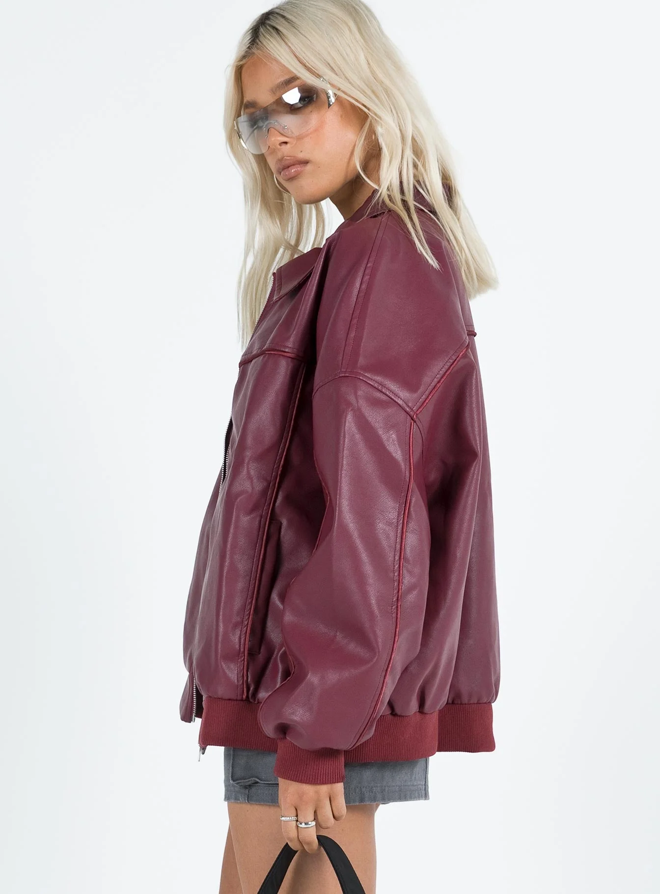 Goldsmith Faux Leather Bomber Jacket Burgundy - Image 4