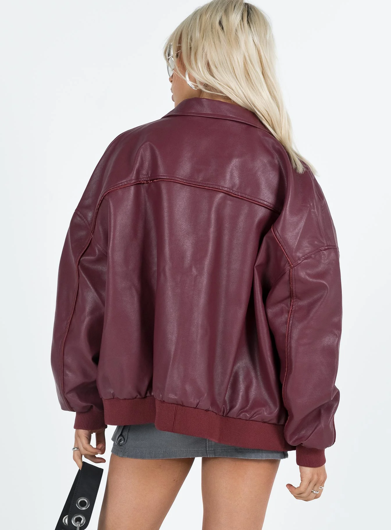 Goldsmith Faux Leather Bomber Jacket Burgundy - Image 5