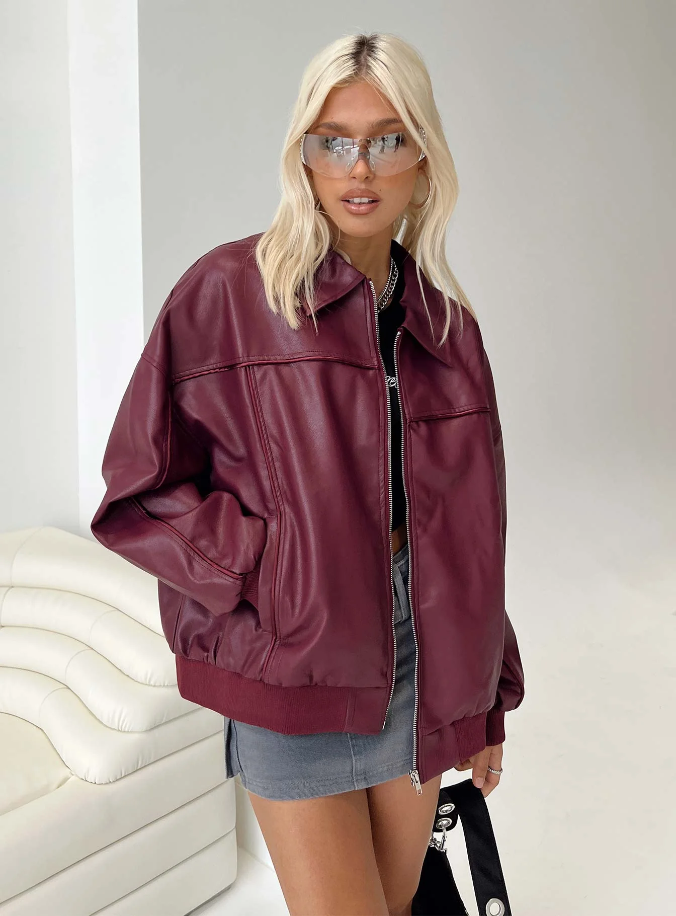 Goldsmith Faux Leather Bomber Jacket Burgundy - Image 6