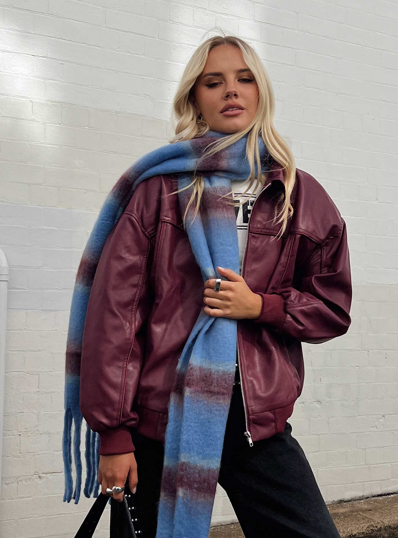 Goldsmith Faux Leather Bomber Jacket Burgundy - Image 9