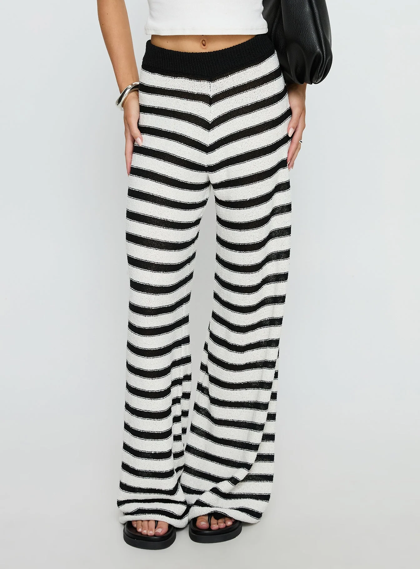 Good Things Flare Knit Pants White / Black Stripe - Image 2
