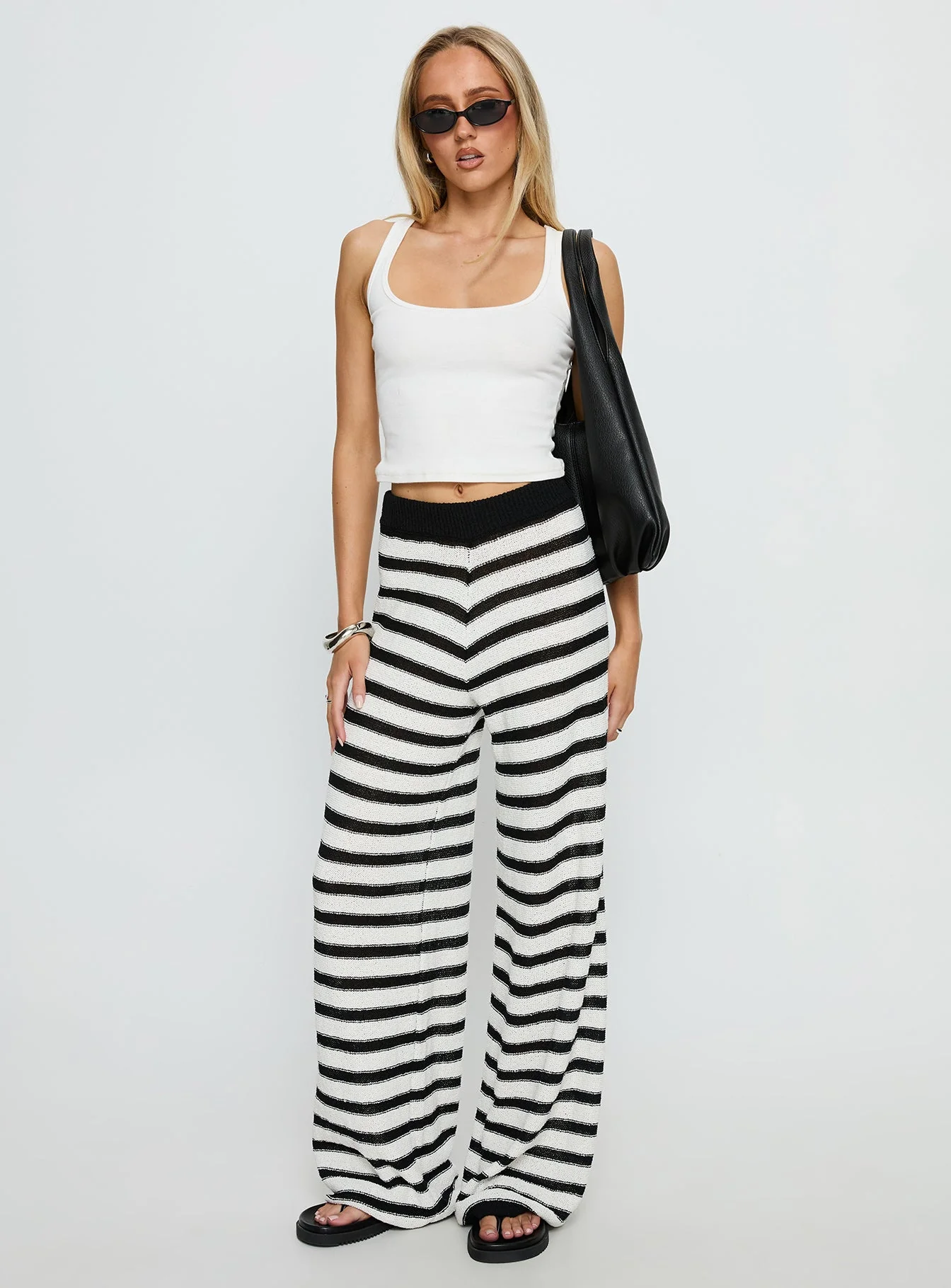 Good Things Flare Knit Pants White / Black Stripe - Image 3