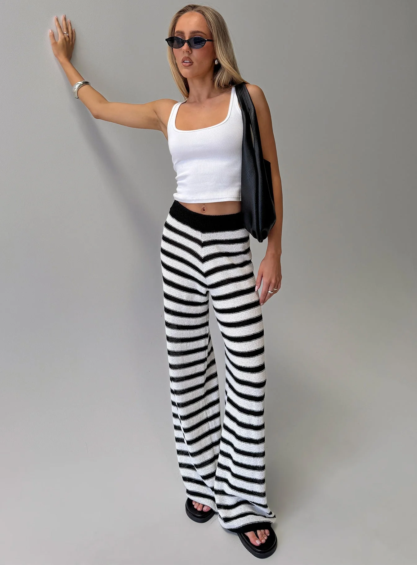 Good Things Flare Knit Pants White / Black Stripe - Image 8