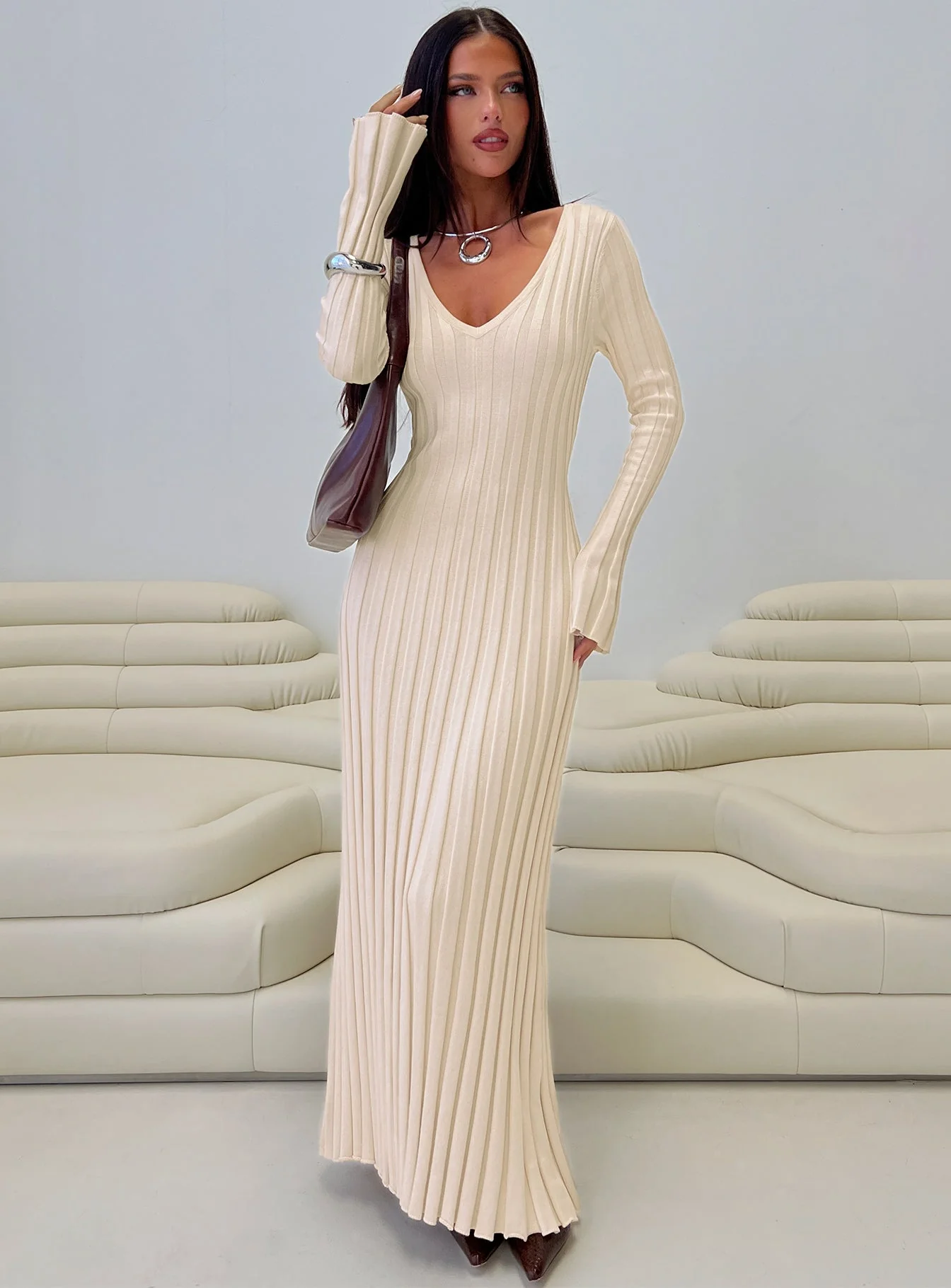 Gratuita Long Sleeve Rib Maxi Dress Cream - Image 8