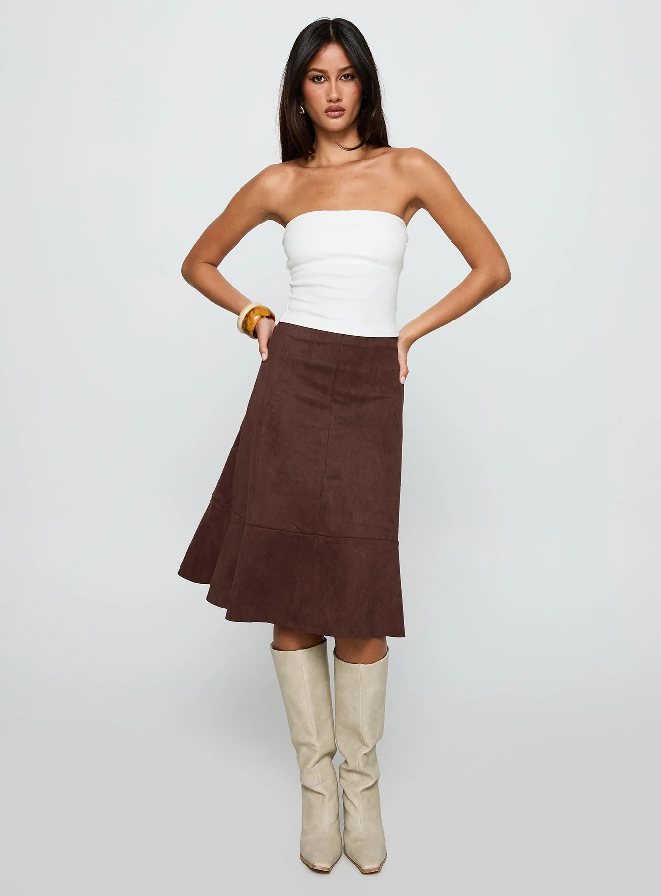 Grimaud Faux Suede Midi Skirt Brown - Image 2
