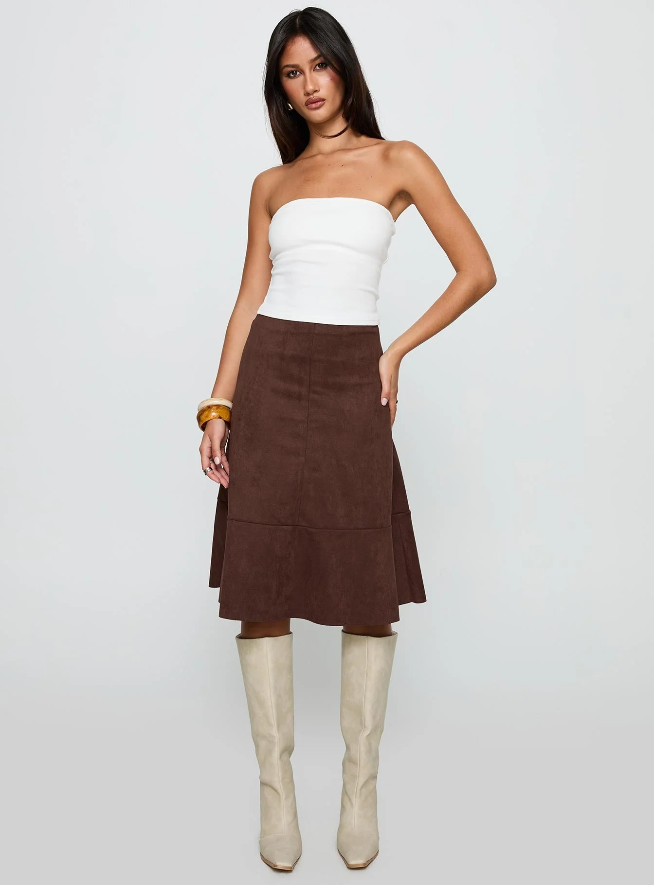Grimaud Faux Suede Midi Skirt Brown - Image 3