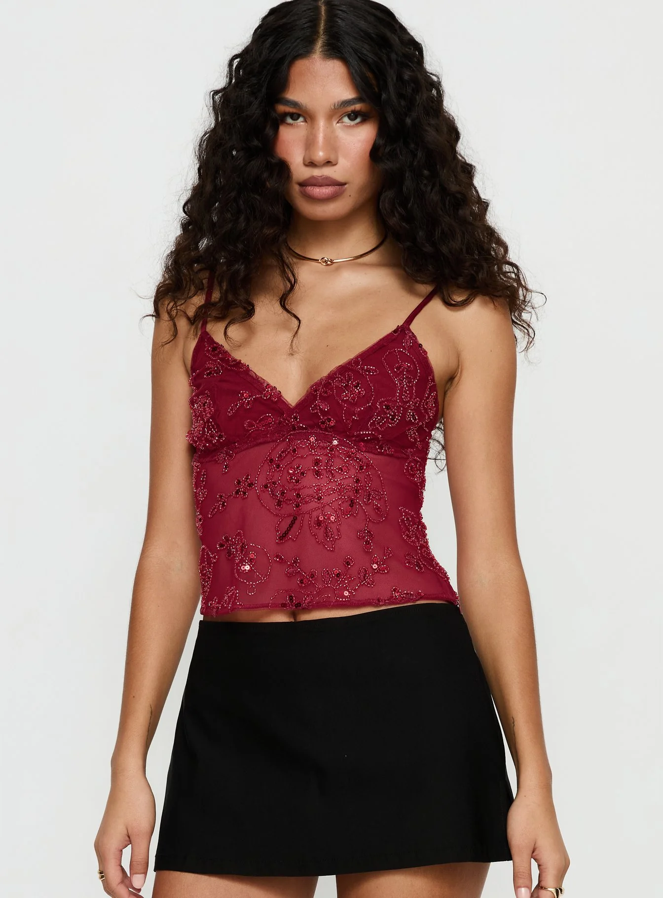 Halima Bead Detail Cami Top Red - Image 2