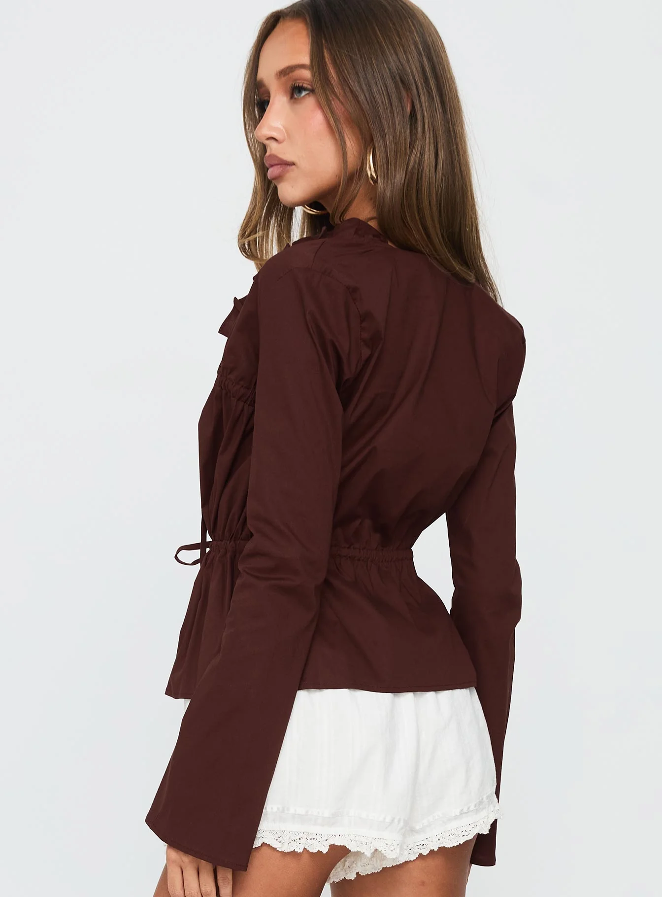 Harloe Ruched Tie Up Long Sleeve Top Chocolate - Image 4