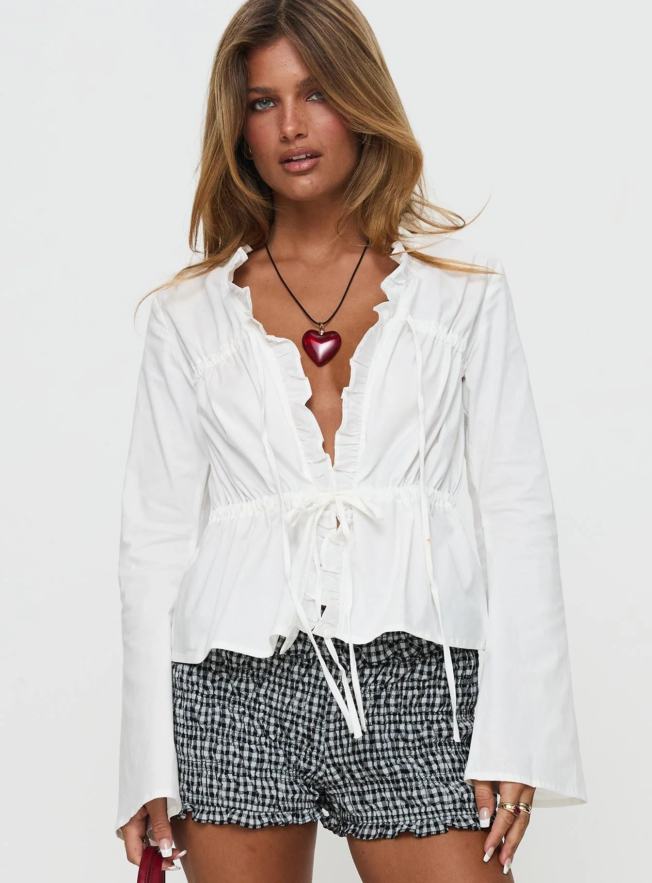 Harloe Ruched Tie Up Long Sleeve Top White - Image 2