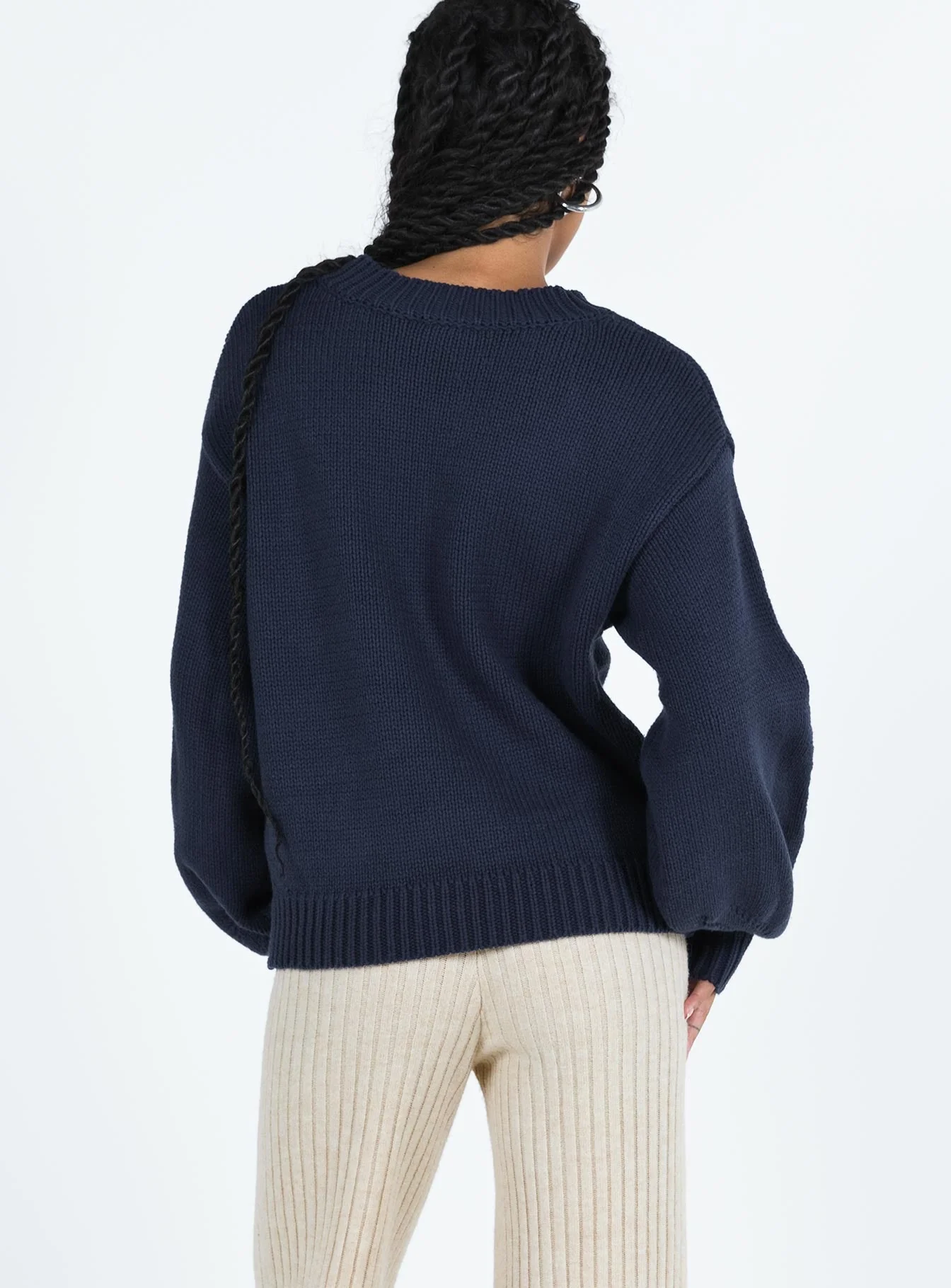 Harmony Balloon Sleeve Knit Sweater Navy - Image 6