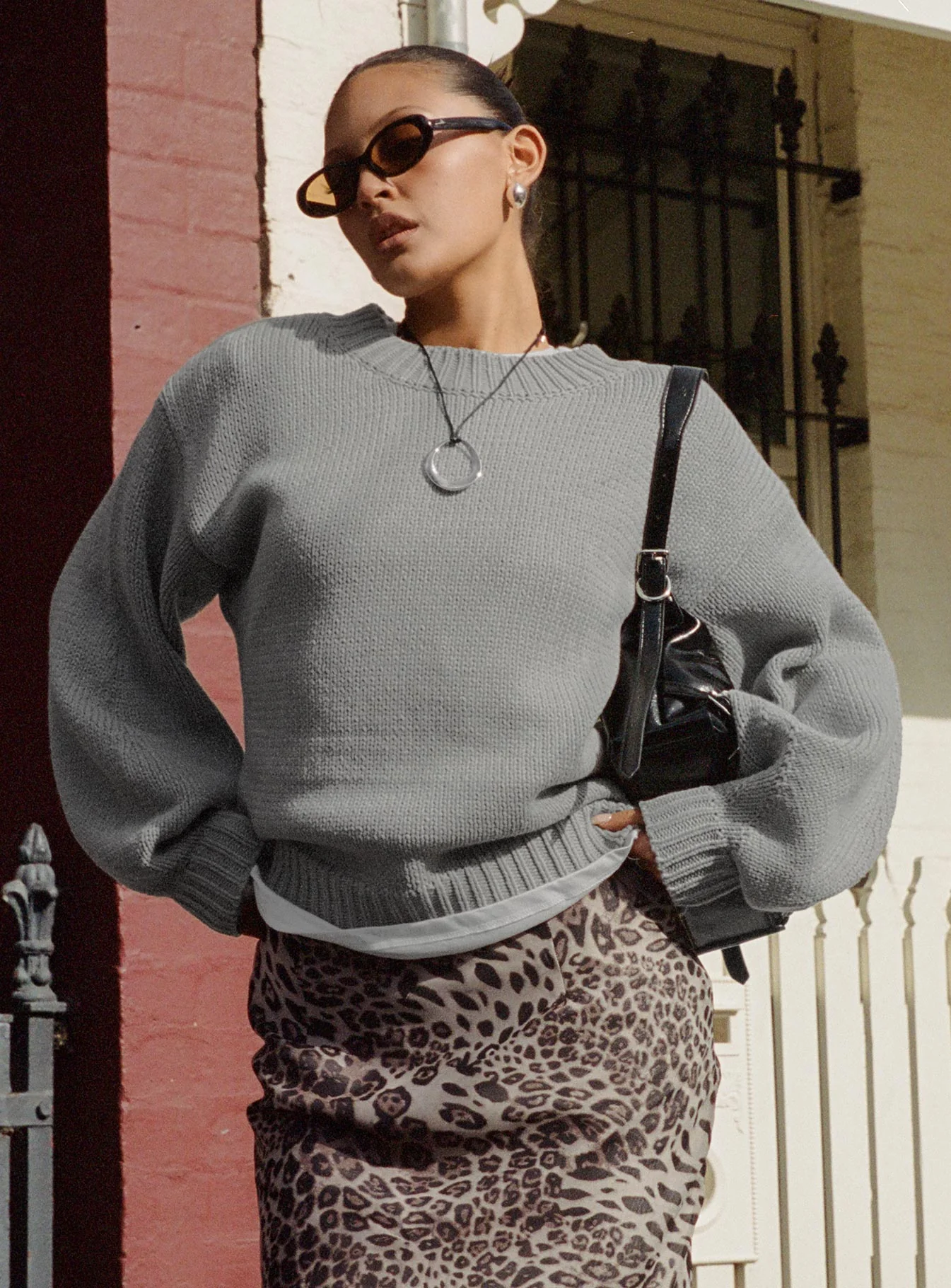 Harmony Balloon Sleeve Knit Sweater Grey - Image 6