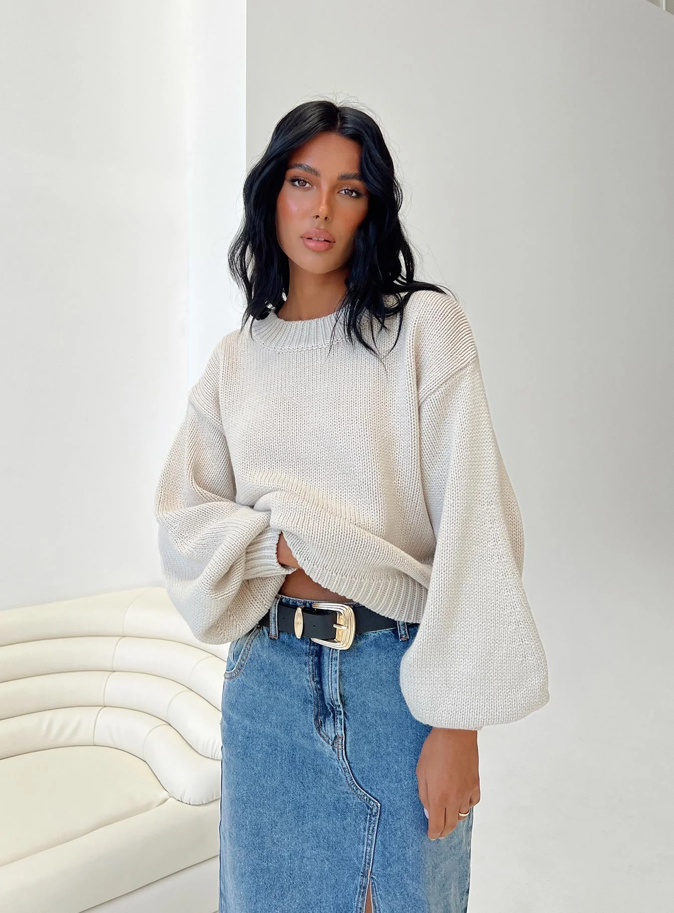 Harmony Balloon Sleeve Knit Sweater Beige - Image 7