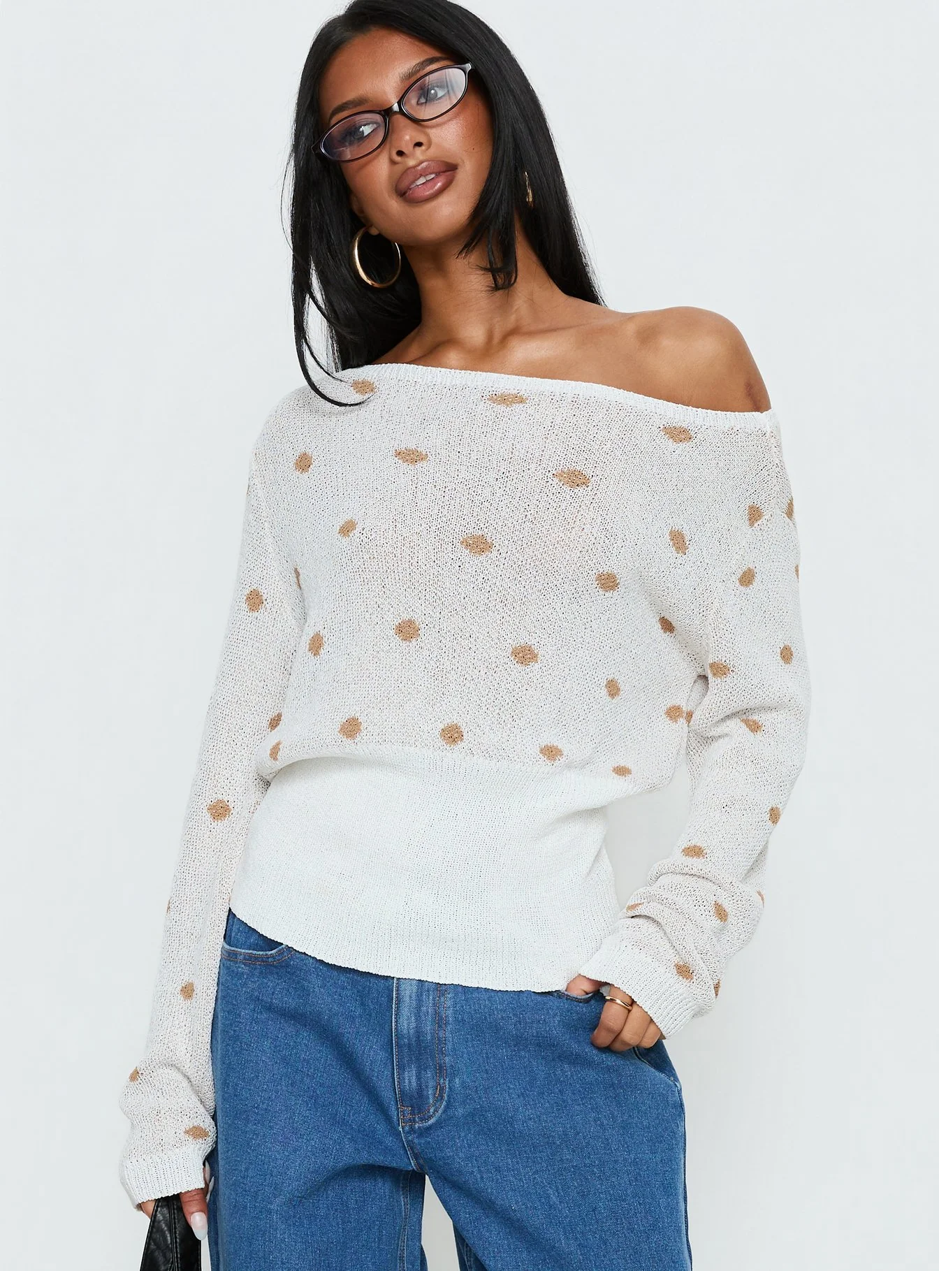Harvy Off Shoulder Knit Sweater White Polka - Image 2