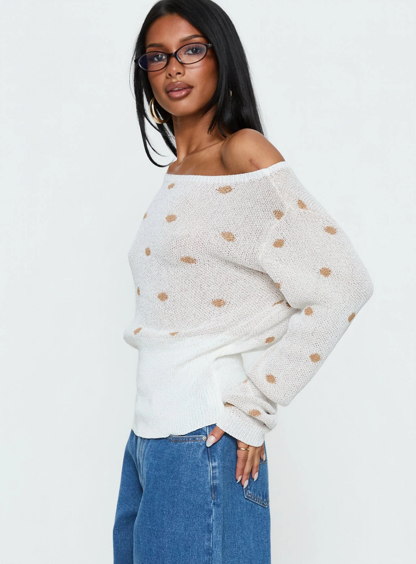 Harvy Off Shoulder Knit Sweater White Polka - Image 4