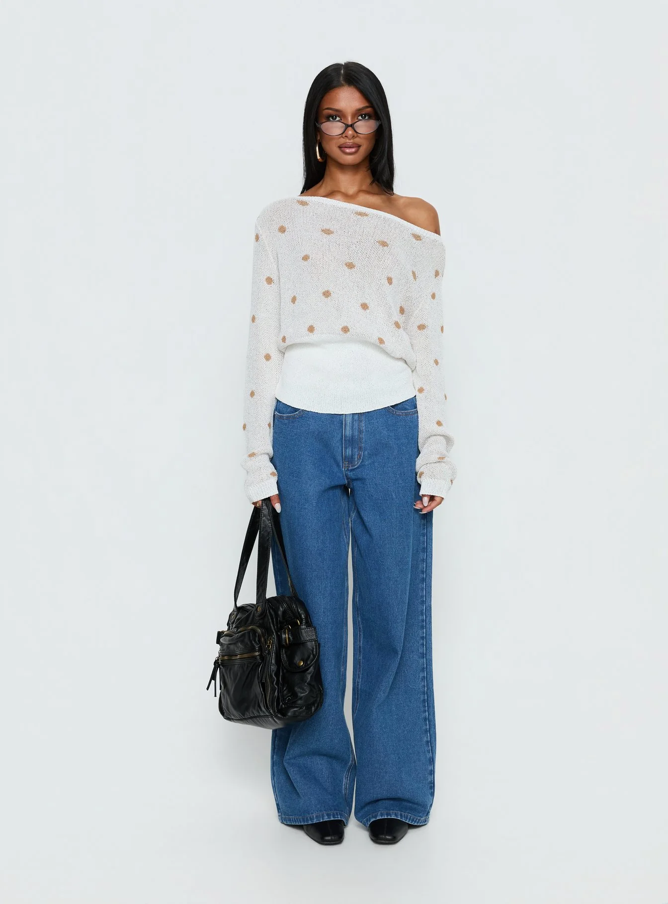 Harvy Off Shoulder Knit Sweater White Polka - Image 8
