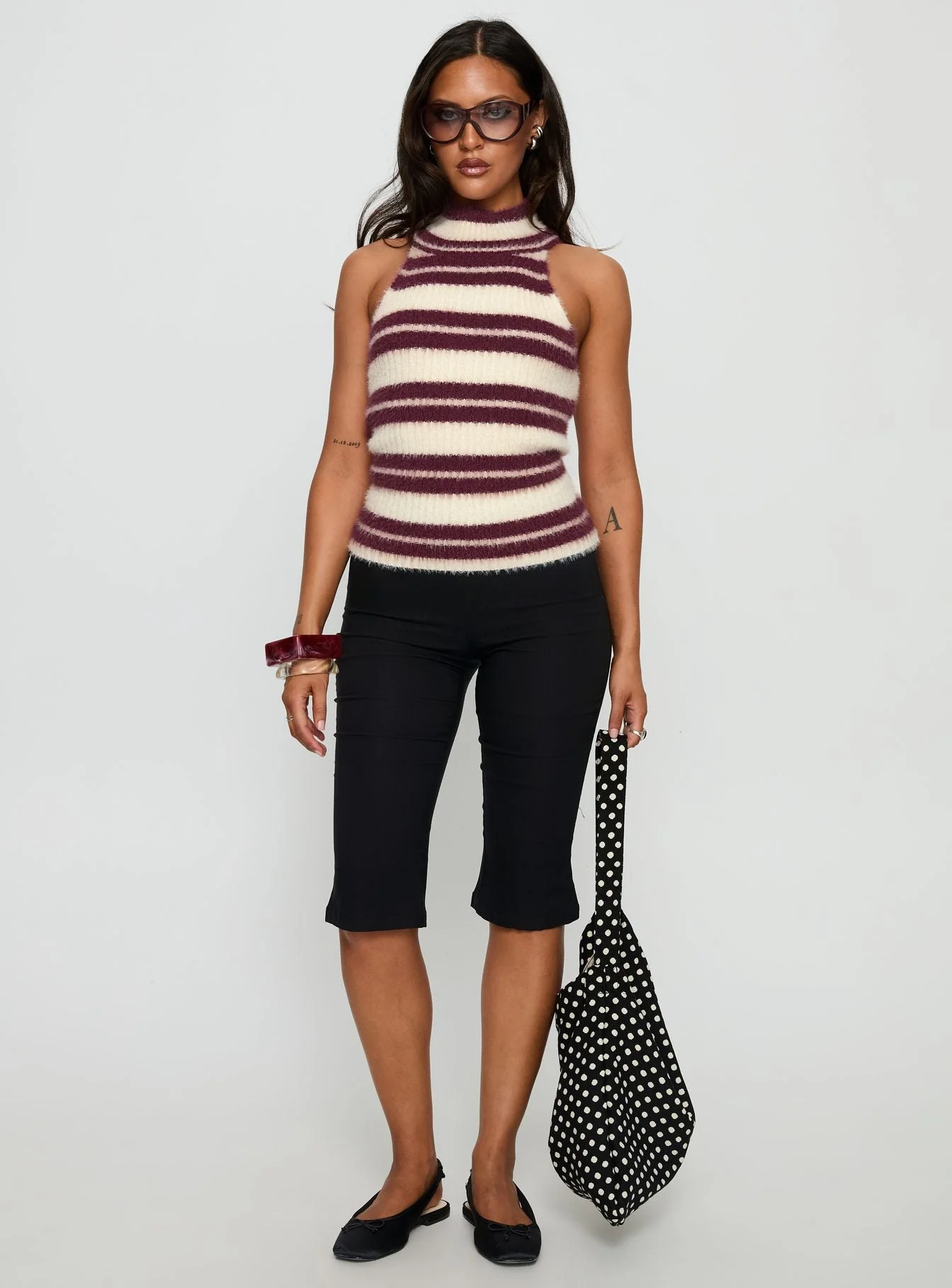 Heide High Neck Fluffy Top Burgundy Stripe - Image 3