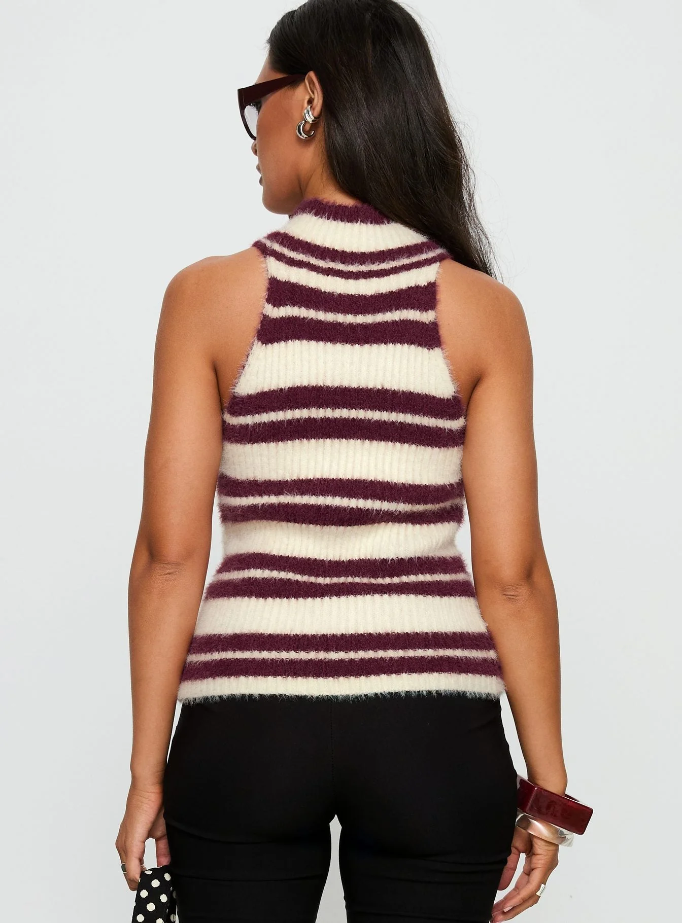 Heide High Neck Fluffy Top Burgundy Stripe - Image 5