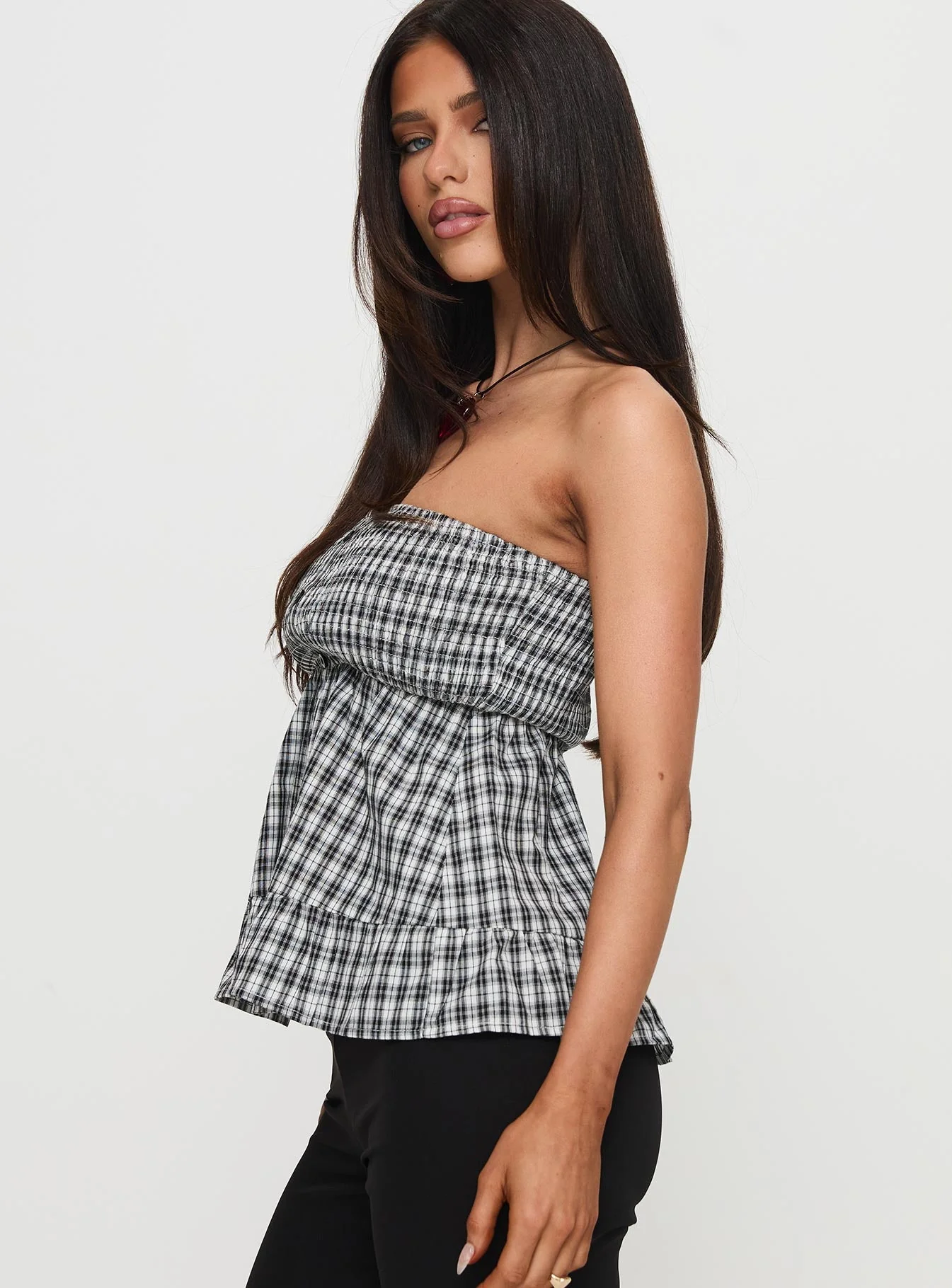 Hestia Strapless Frill Top Black Check - Image 3