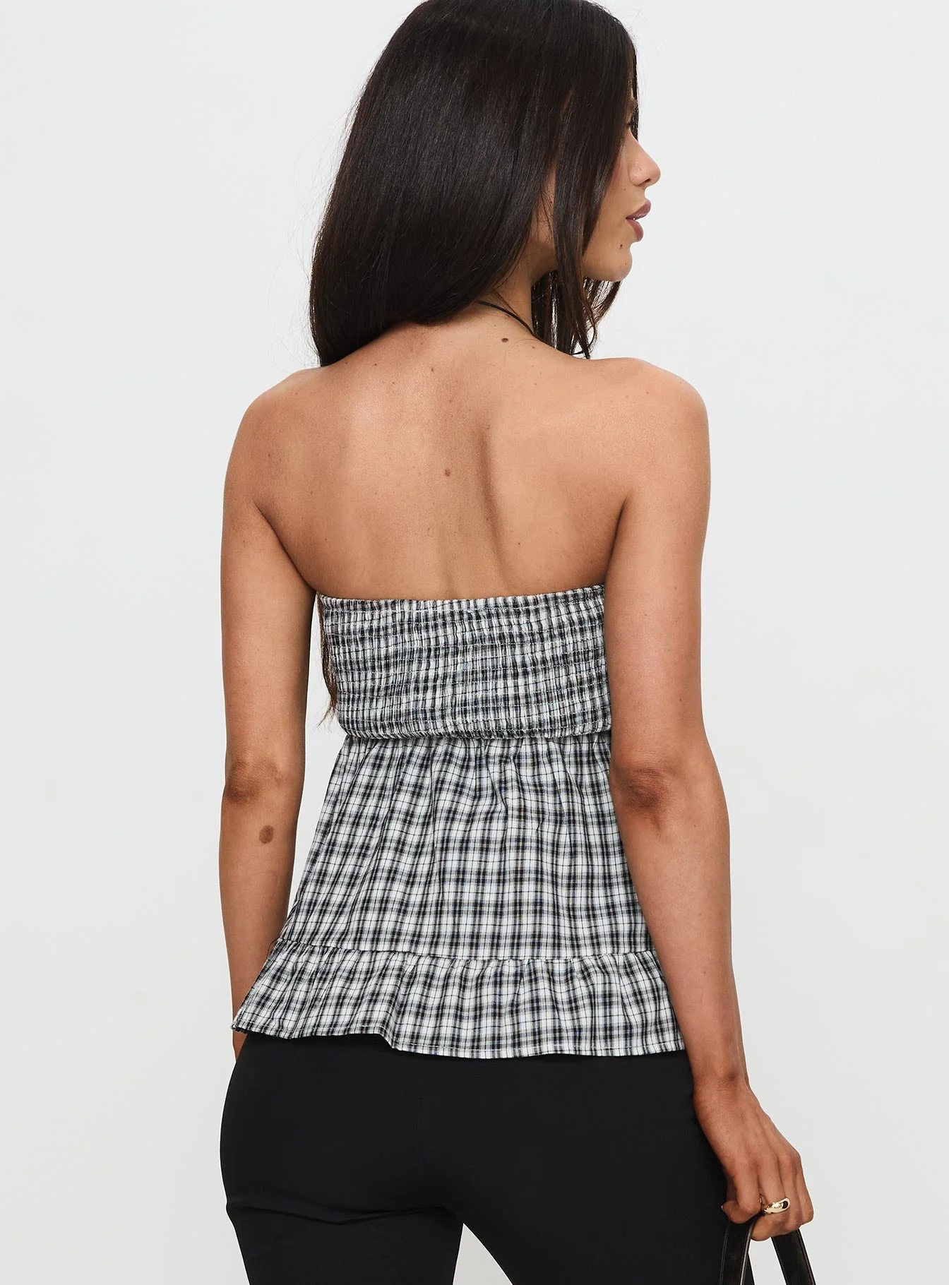 Hestia Strapless Frill Top Black Check - Image 4