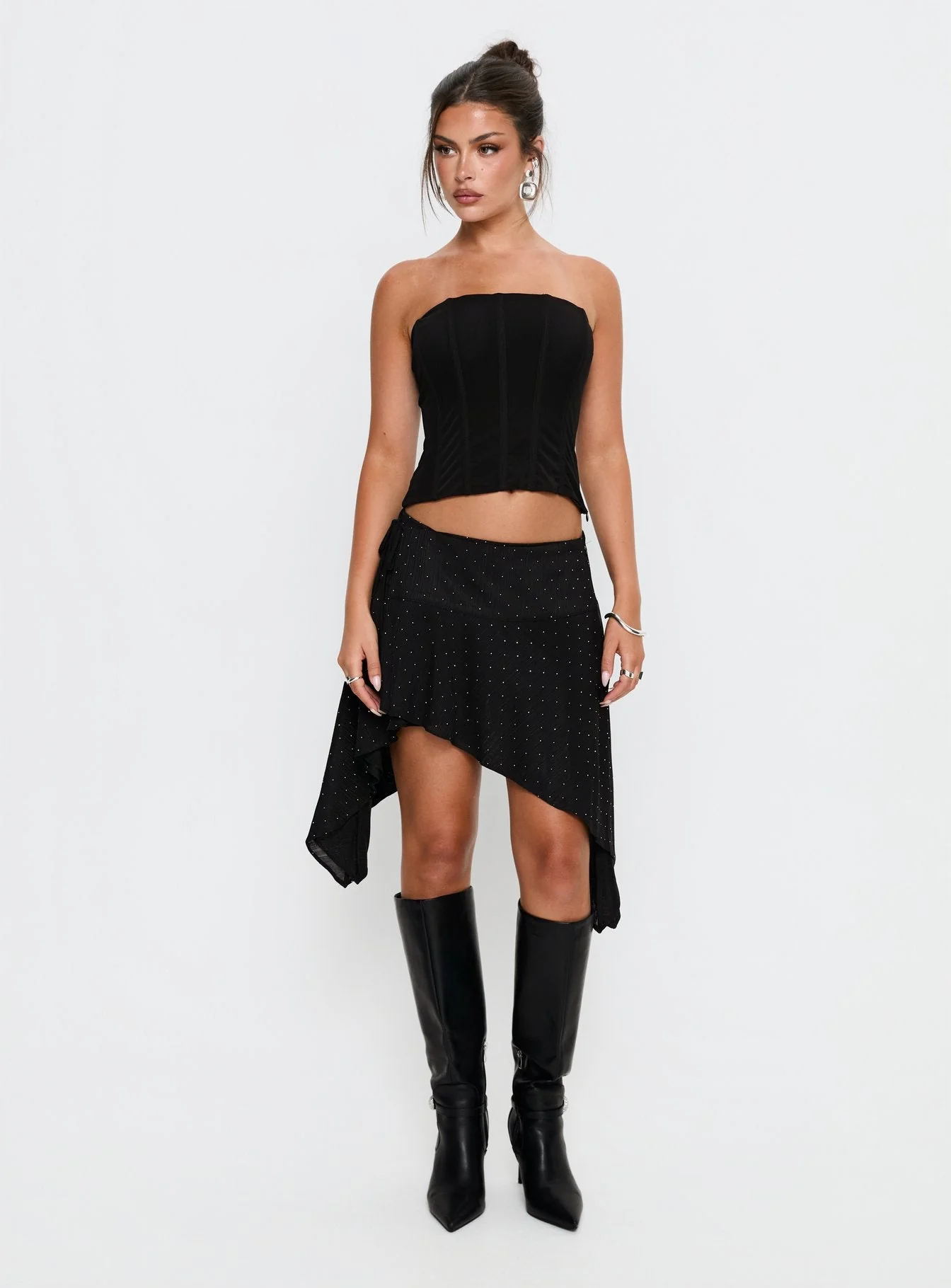 Hevenna Asymmetrical Plisse Mini Skirt Black Diamante - Image 3