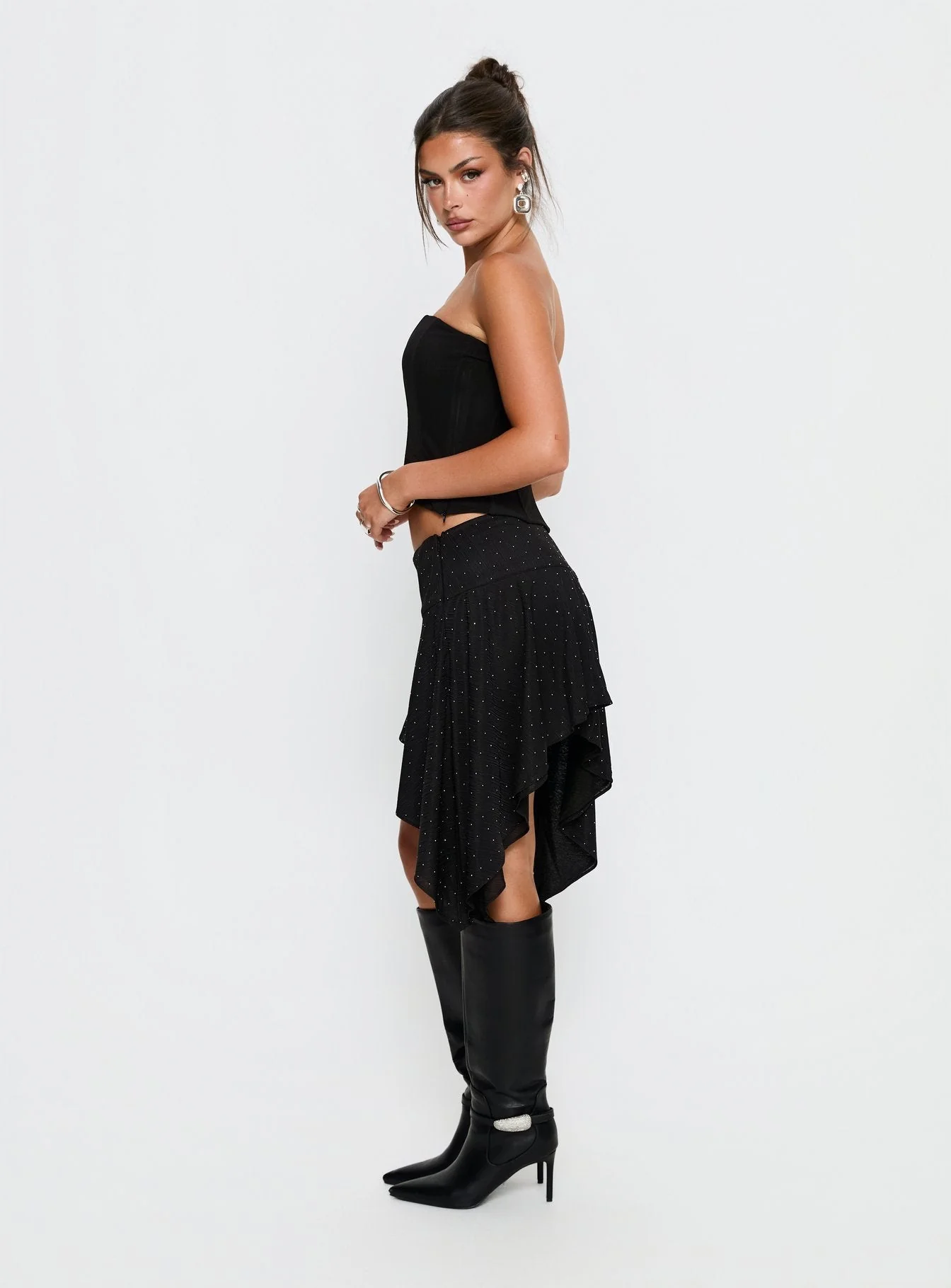 Hevenna Asymmetrical Plisse Mini Skirt Black Diamante - Image 4