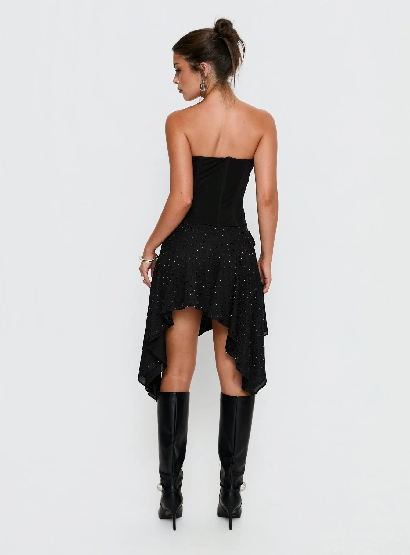 Hevenna Asymmetrical Plisse Mini Skirt Black Diamante - Image 5