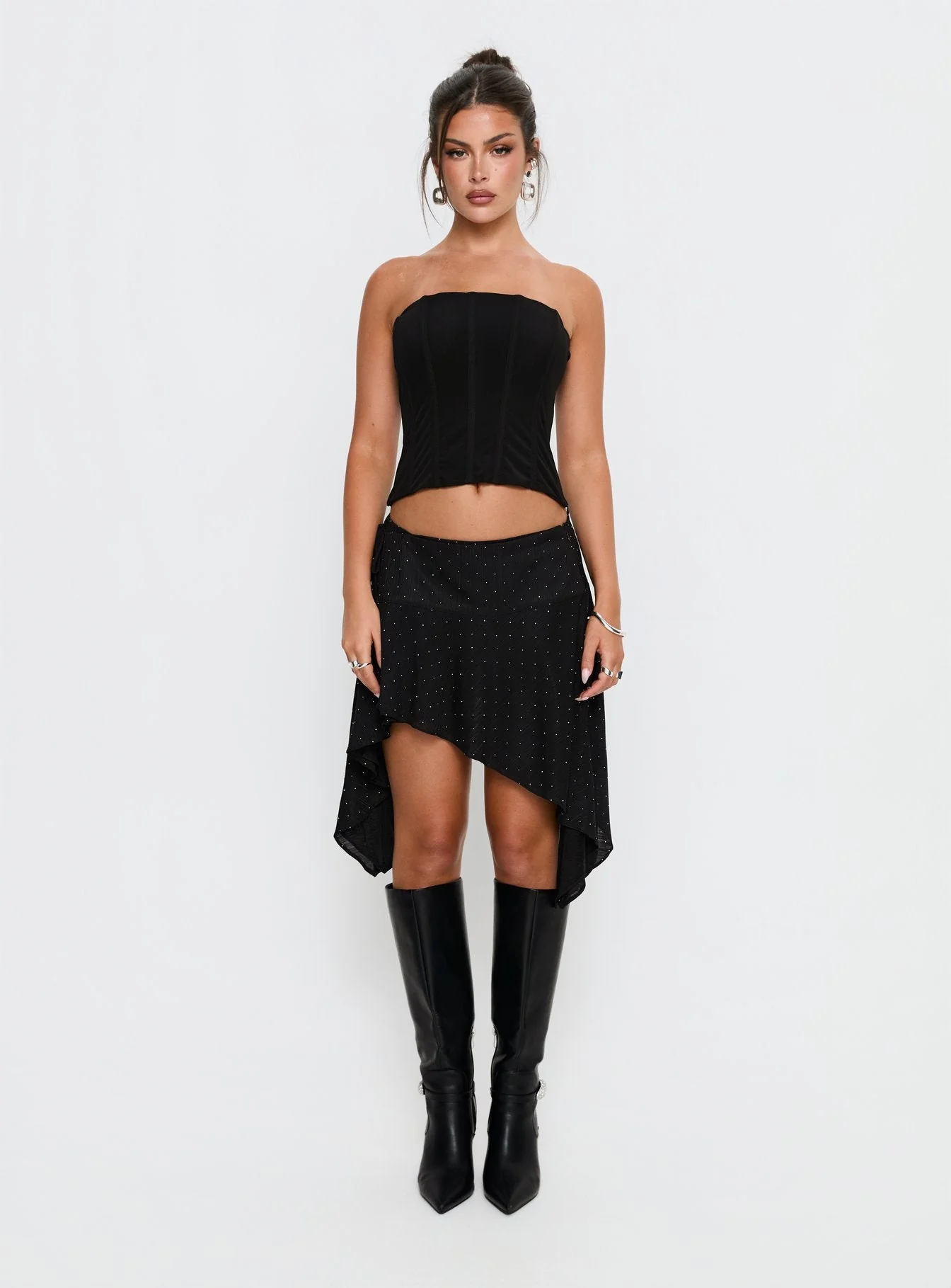 Hevenna Asymmetrical Plisse Mini Skirt Black Diamante - Image 7