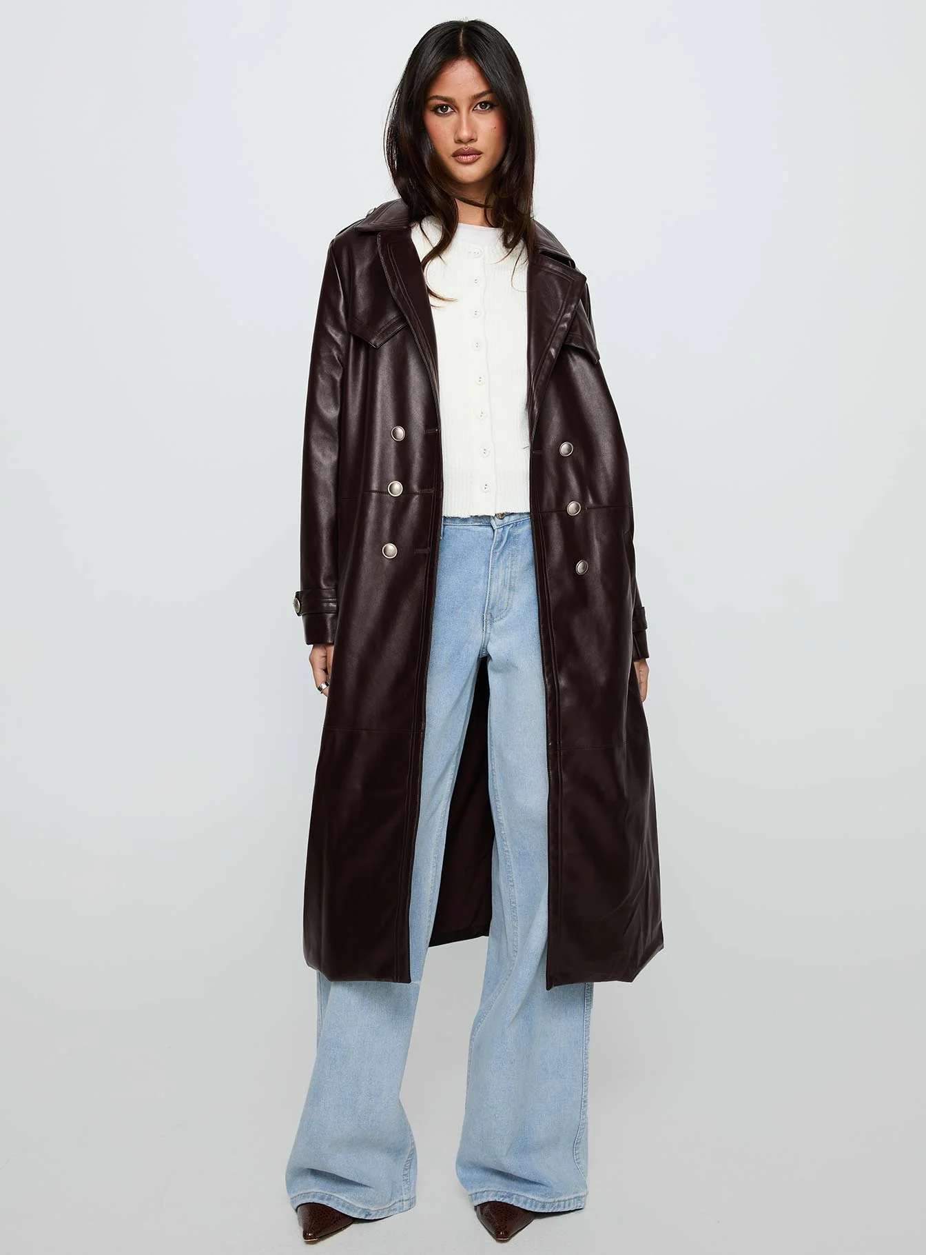 High Standards Faux Leather Trench Coat Brown - Image 2