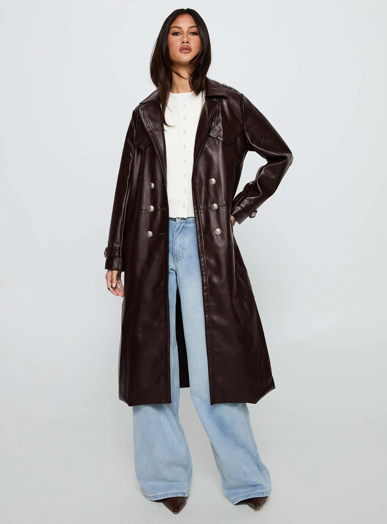 High Standards Faux Leather Trench Coat Brown - Image 3
