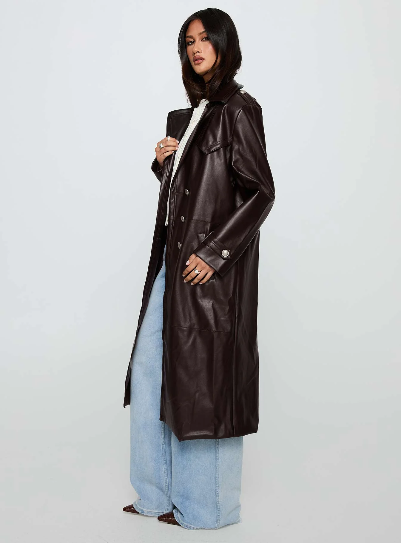 High Standards Faux Leather Trench Coat Brown - Image 4