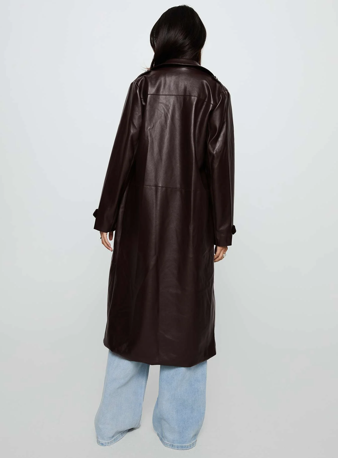 High Standards Faux Leather Trench Coat Brown - Image 5