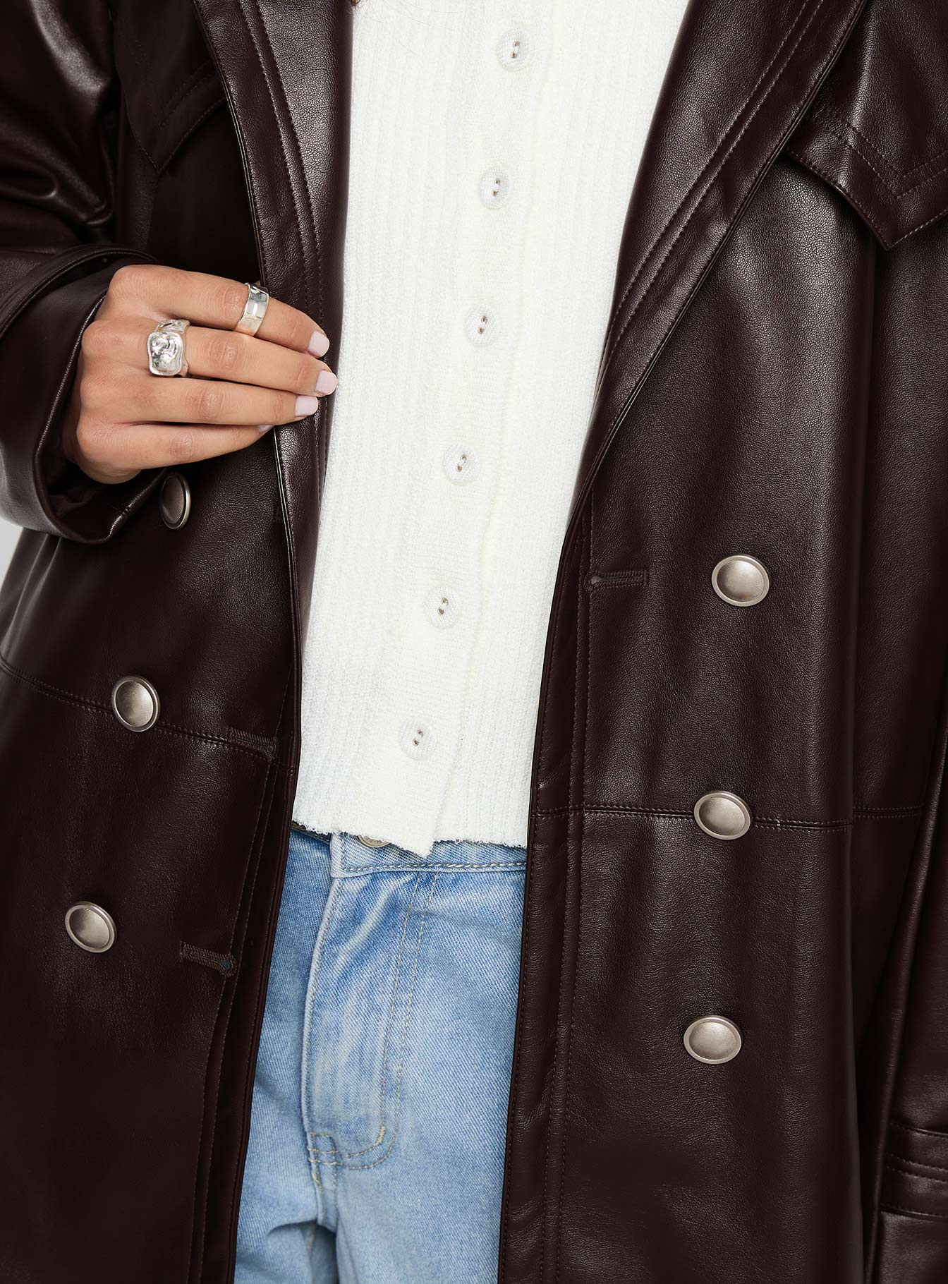 High Standards Faux Leather Trench Coat Brown - Image 6