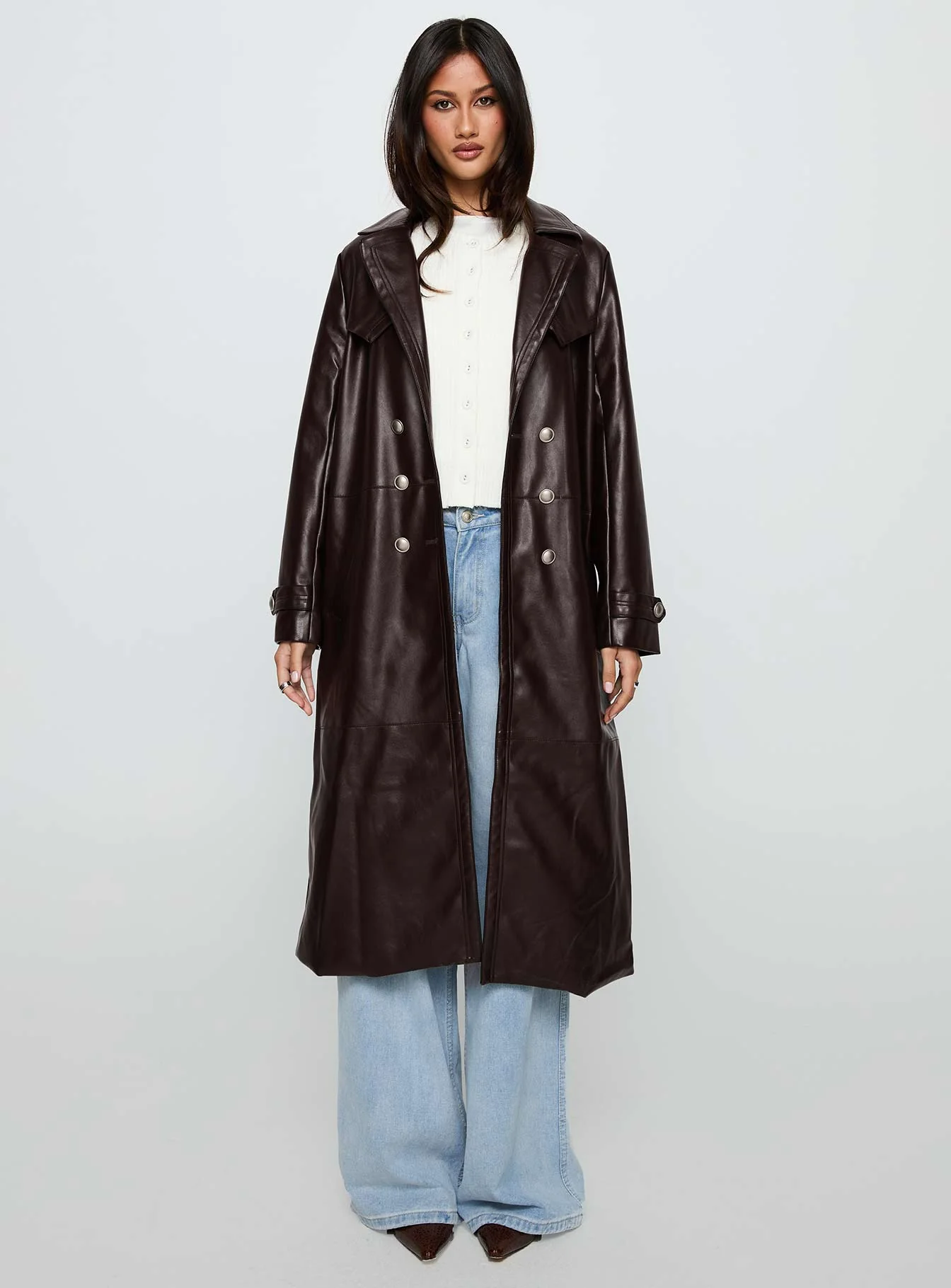 High Standards Faux Leather Trench Coat Brown - Image 7
