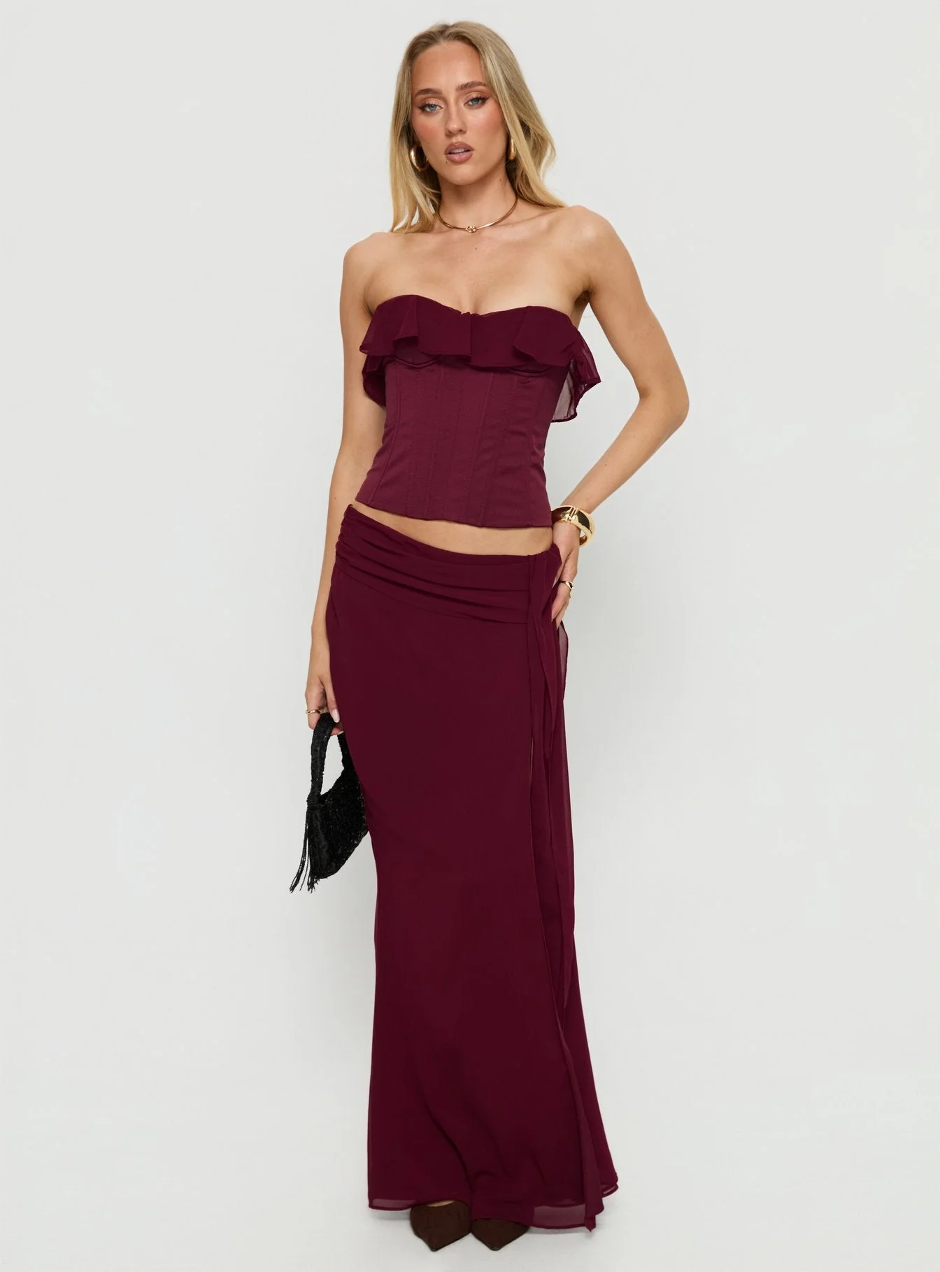 Holliann Strapless Frill Corset Top Wine - Image 3