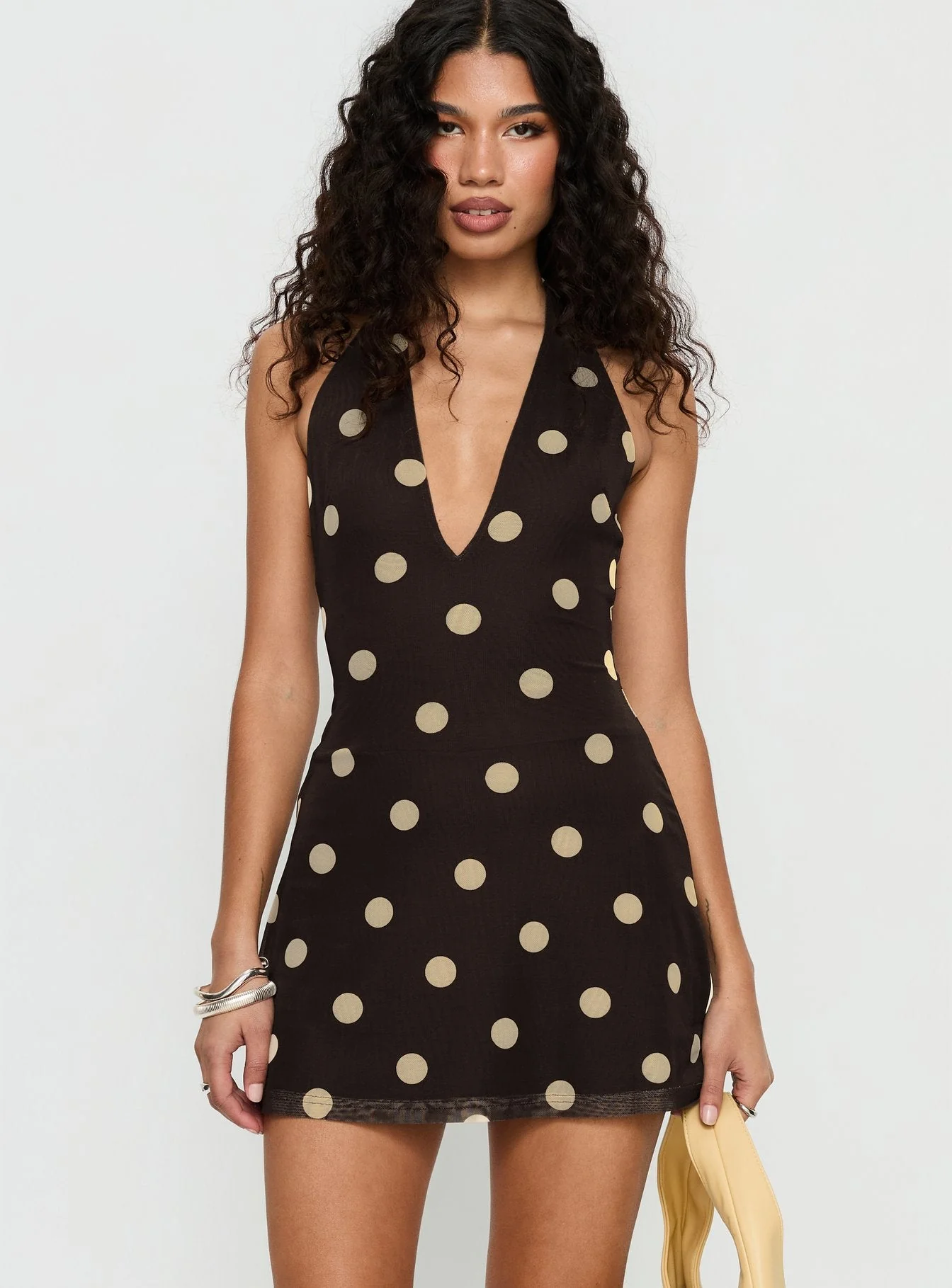 Hollywood Hills Plunge Neck Playsuit Brown Polka - Image 2