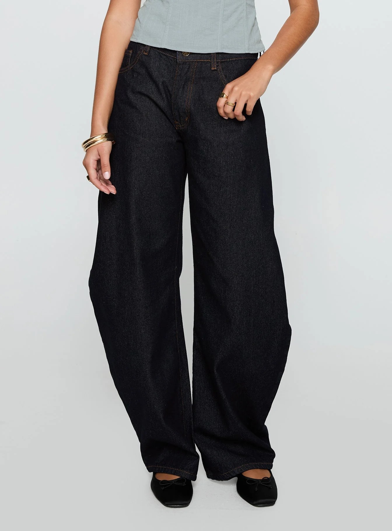 Horseshoe Mid Rise Barrel Leg Jeans Dark Denim - Image 2