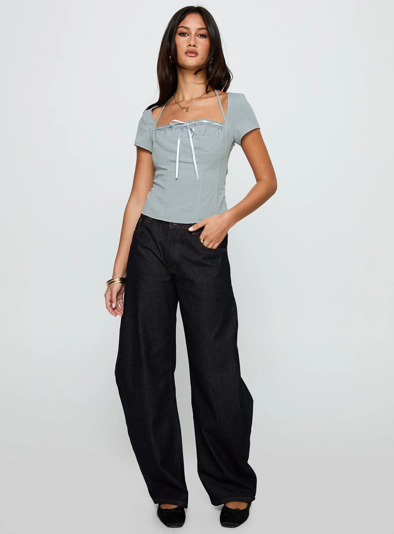 Horseshoe Mid Rise Barrel Leg Jeans Dark Denim - Image 3