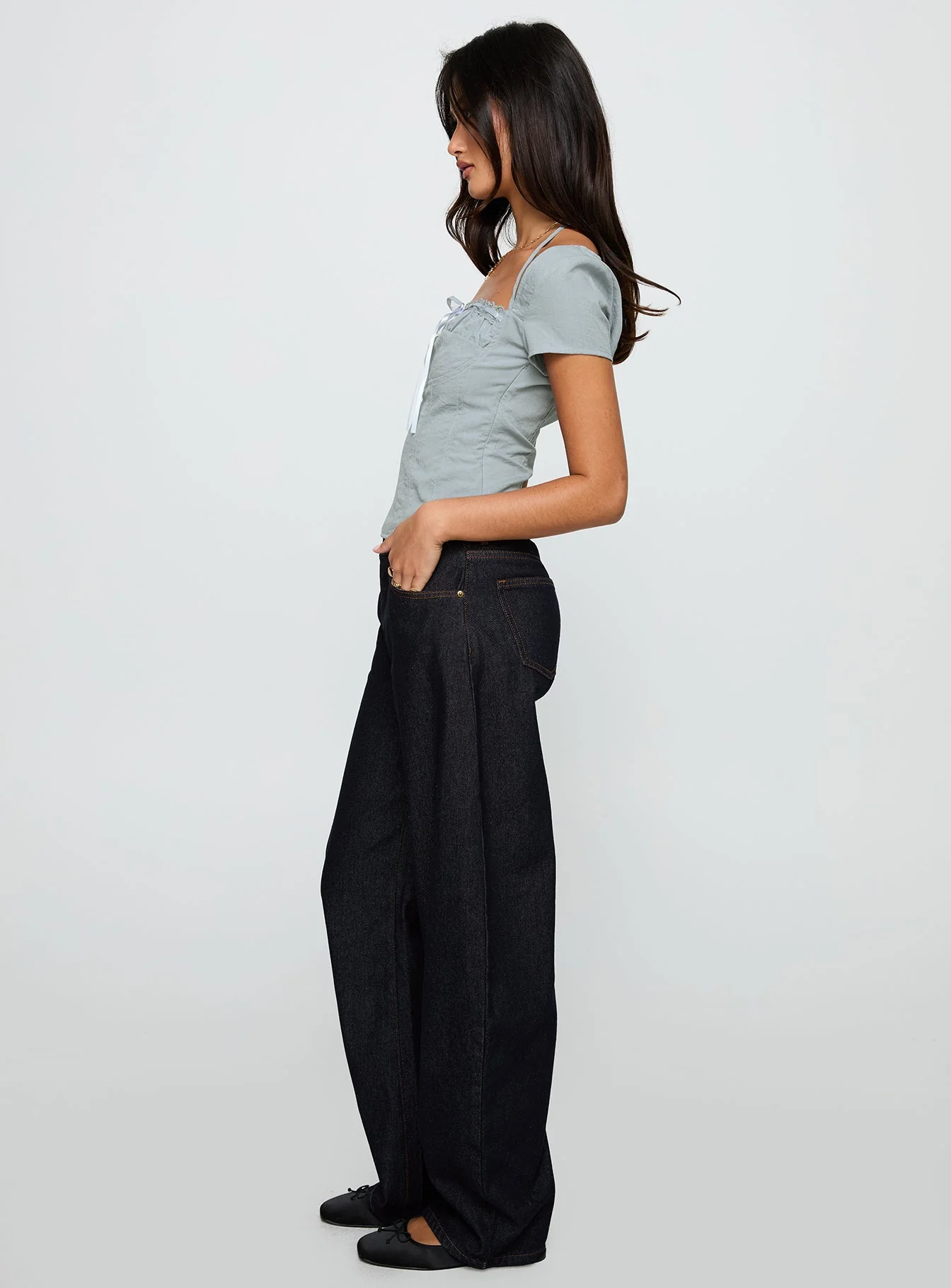 Horseshoe Mid Rise Barrel Leg Jeans Dark Denim - Image 4