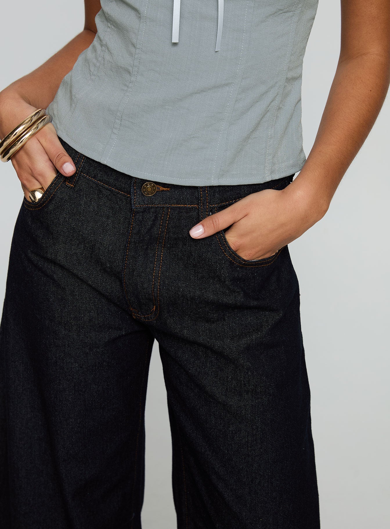 Horseshoe Mid Rise Barrel Leg Jeans Dark Denim - Image 6
