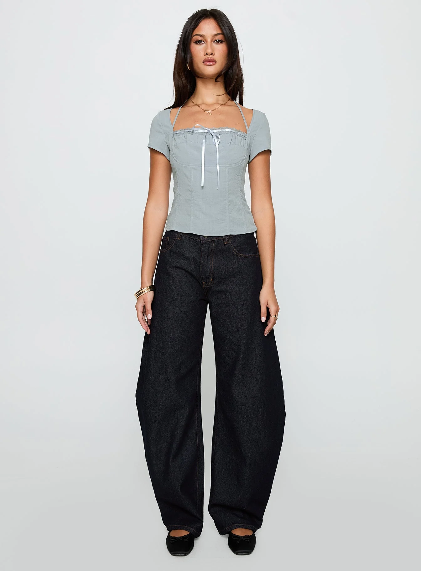 Horseshoe Mid Rise Barrel Leg Jeans Dark Denim - Image 7