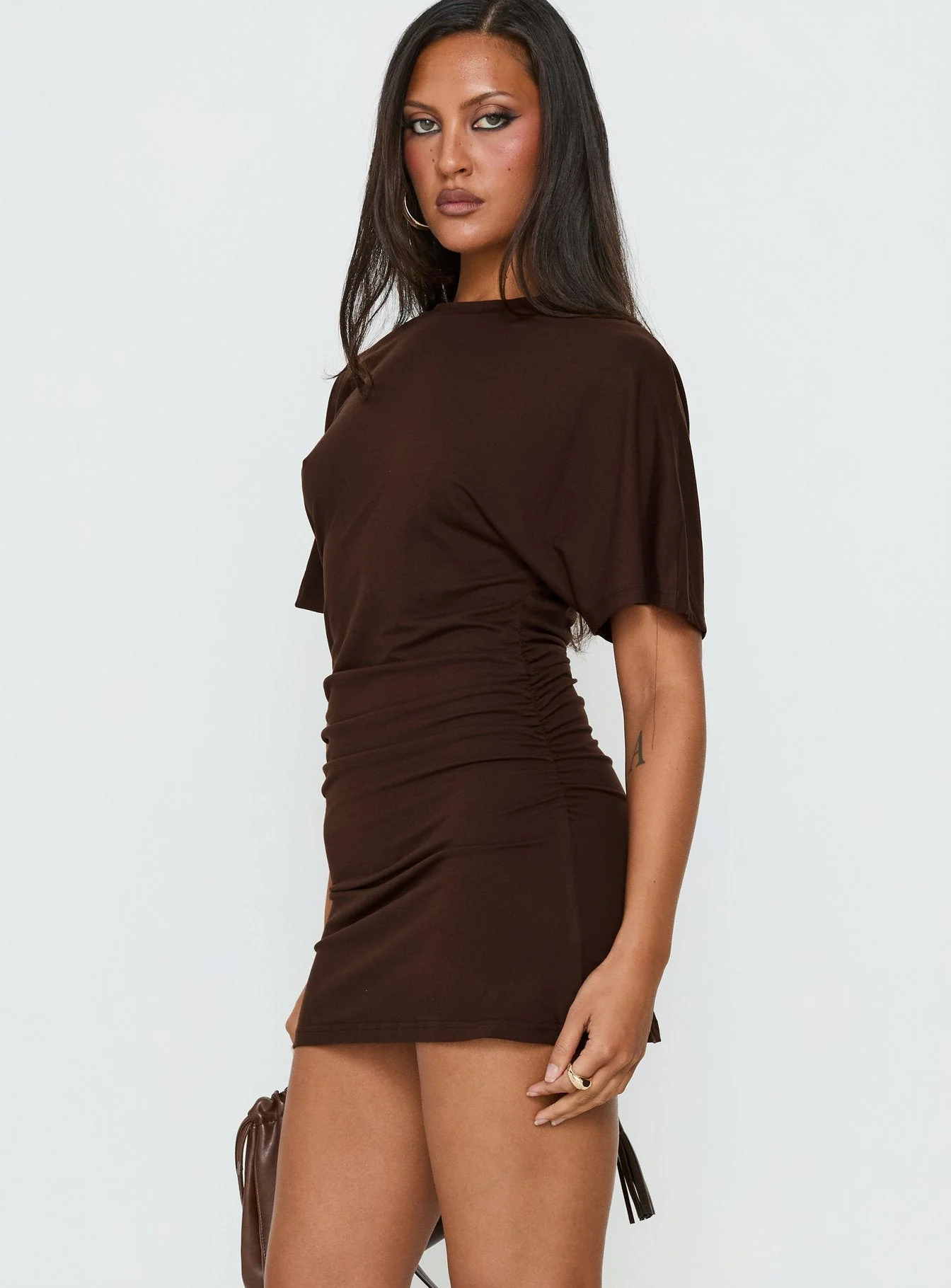 Hunni Ruched Shirt Mini Dress Brown - Image 3