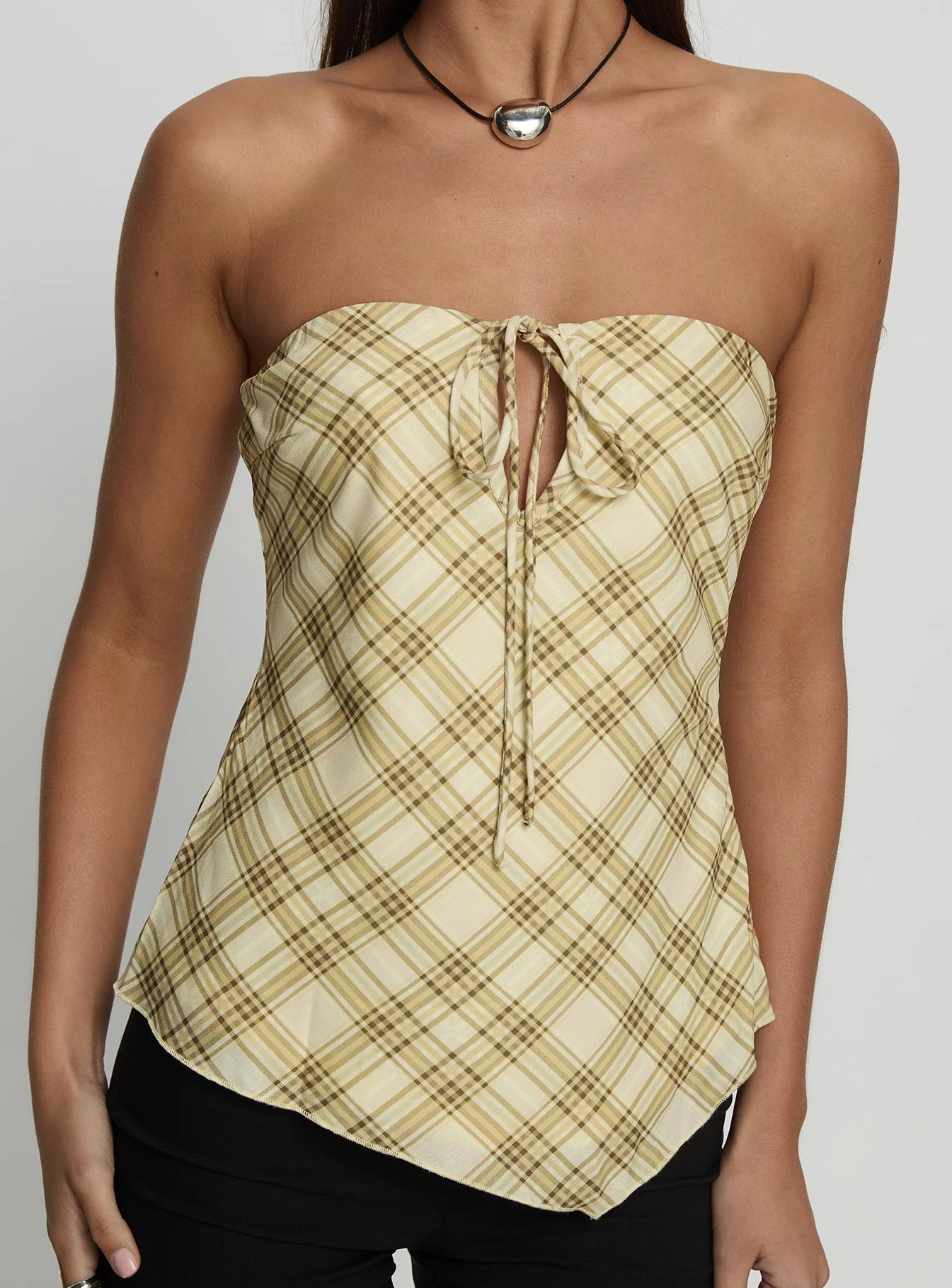 I Wonder Strapless Cut Out Top Yellow Check - Image 6