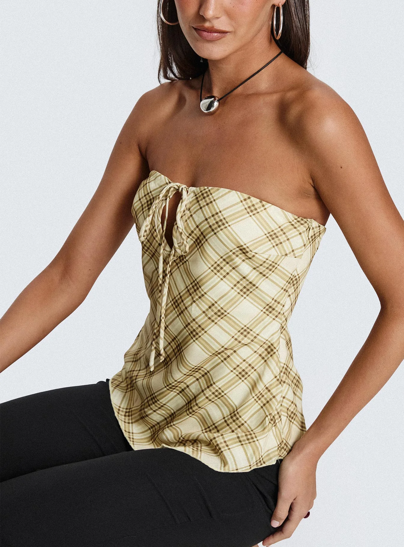 I Wonder Strapless Cut Out Top Yellow Check - Image 8