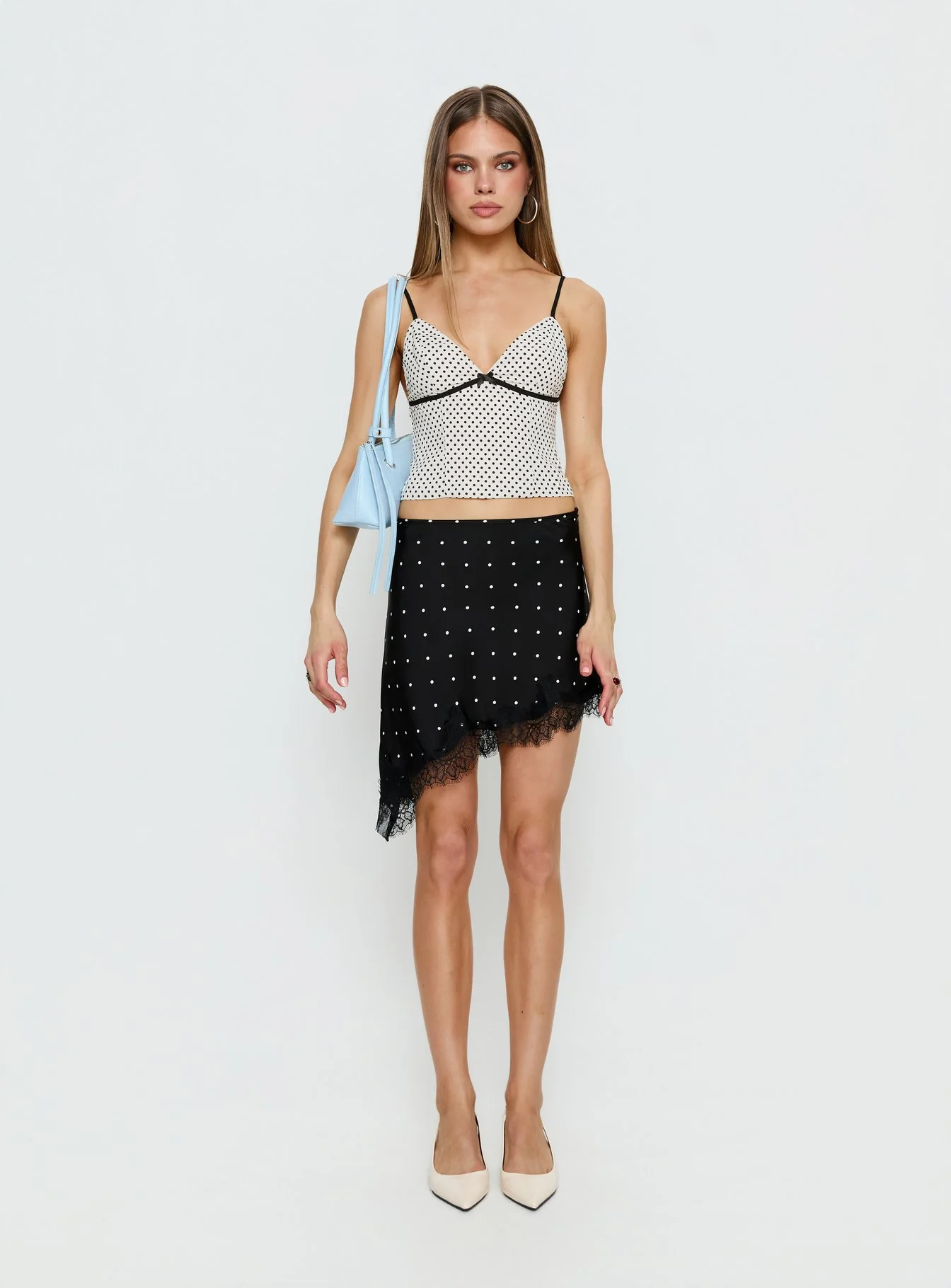 Idette Lace Asymmetrical Mini Skirt Black Polka Dot - Image 7